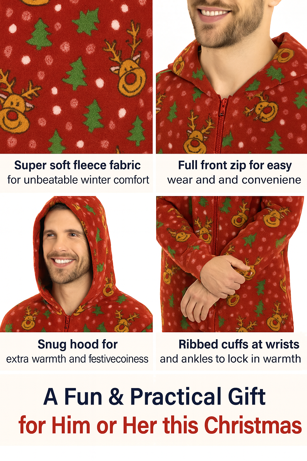 A2Z Hombres Mujeres Navidad Micro Vellón Con Capucha Suave Cálido Todo en Uno Pijama Festivo - Imagen 12 de 13