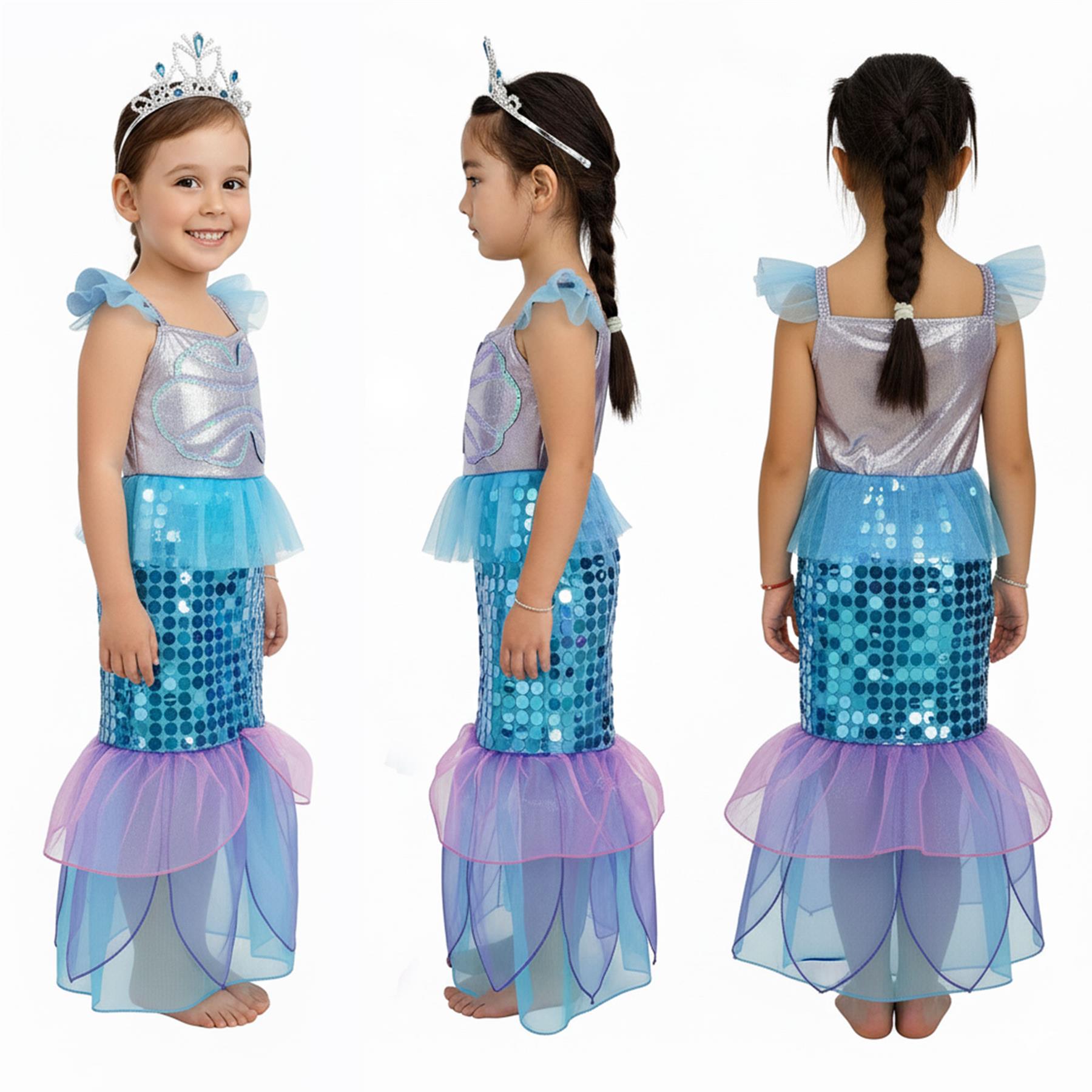 A2Z 4 Kids Girls Mermaid Halloween Costume Dress with Crown Kid Sparkly Sequin - Picture 4 of 8