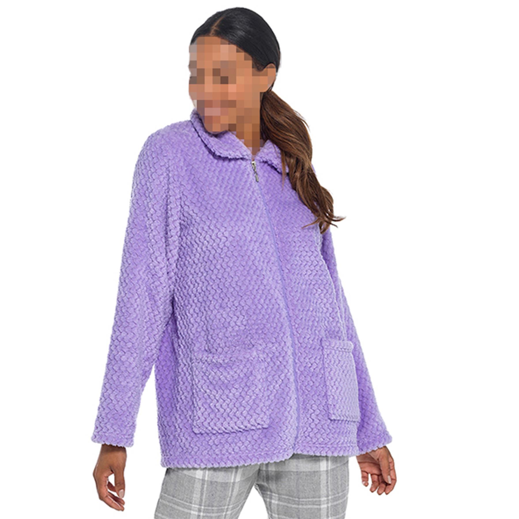 Ladies Bed Jacket Soft Winter Waffle Fleece Zip Up Warm Housecoat With Pocket - Picture 3 of 4