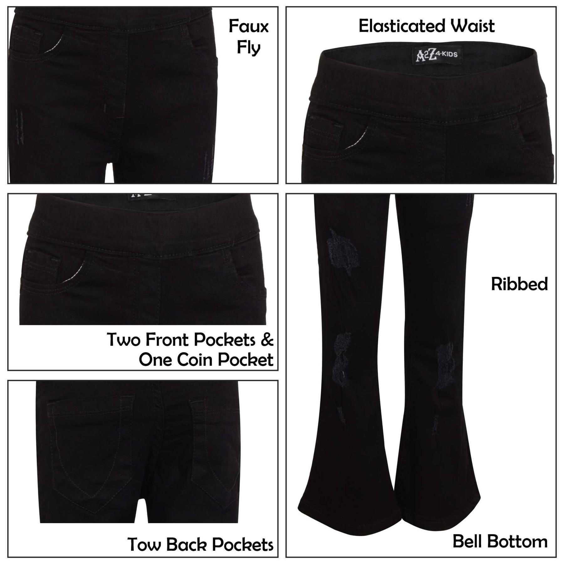 Kids Girls Denim Jeans Comfort Stretchy Flared Bell Bottom Jet Black Ripped Pant - Picture 7 of 8
