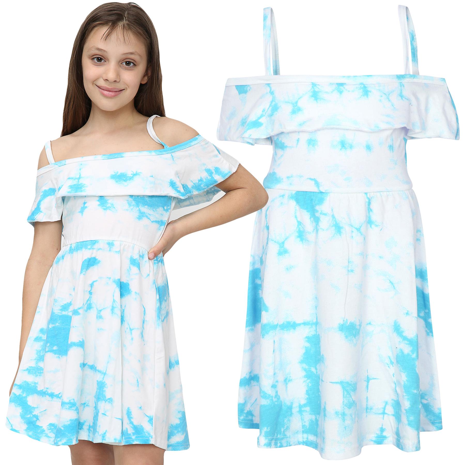 Girls Skater Dress Kids Plain Color Summer Party Off Shoulder Dresses 7-13 Yr - Picture 74 of 111