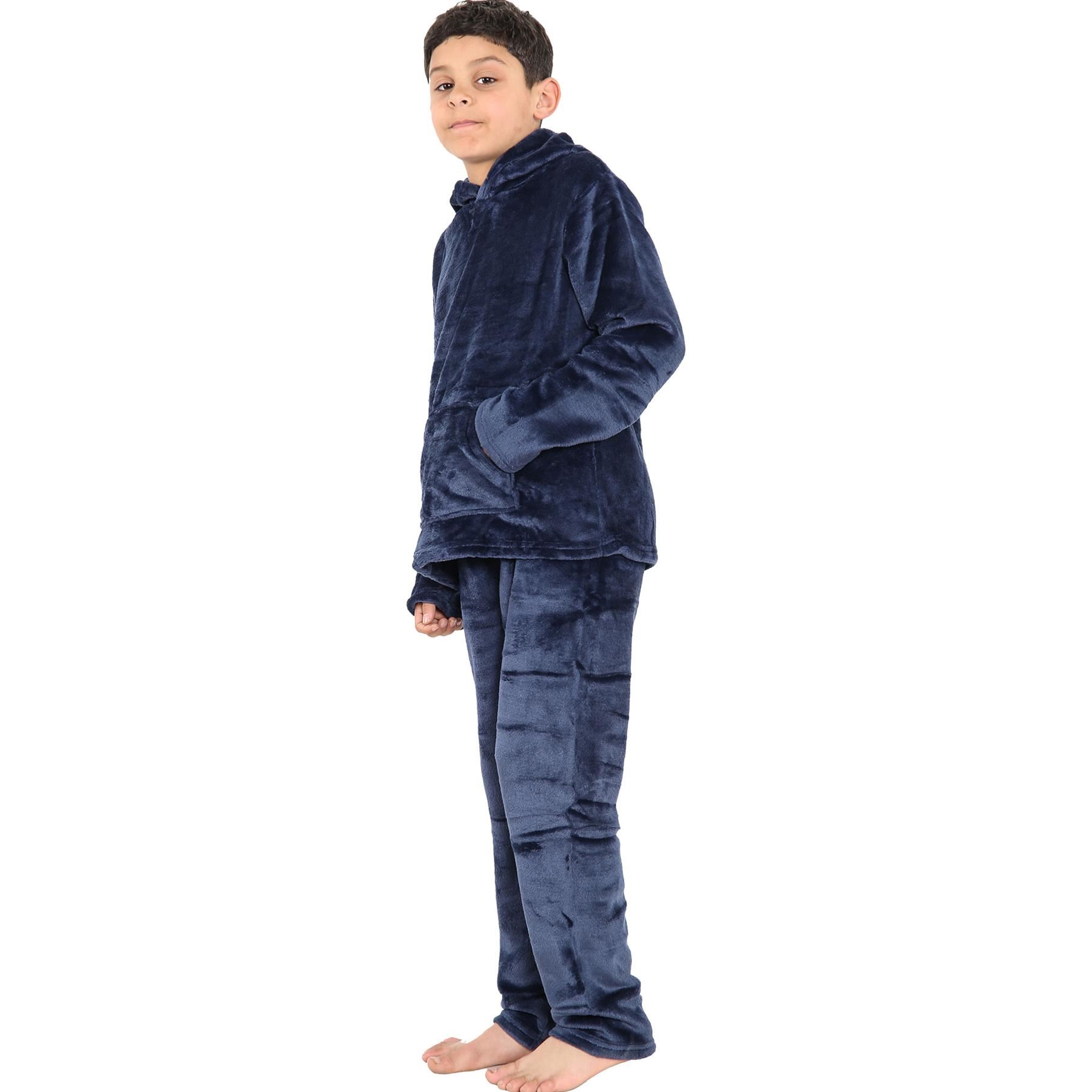 Kids Warm Fleece Hooded Pyjamas For Girls & Boys Sleepover 2 Piece Gift Set - Picture 24 of 31