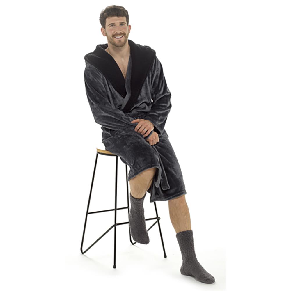 A2Z Mens Dressing Gown Super Soft Luxury Sherpa Hooded Flannel Fleece Bath Robe - Picture 8 of 8