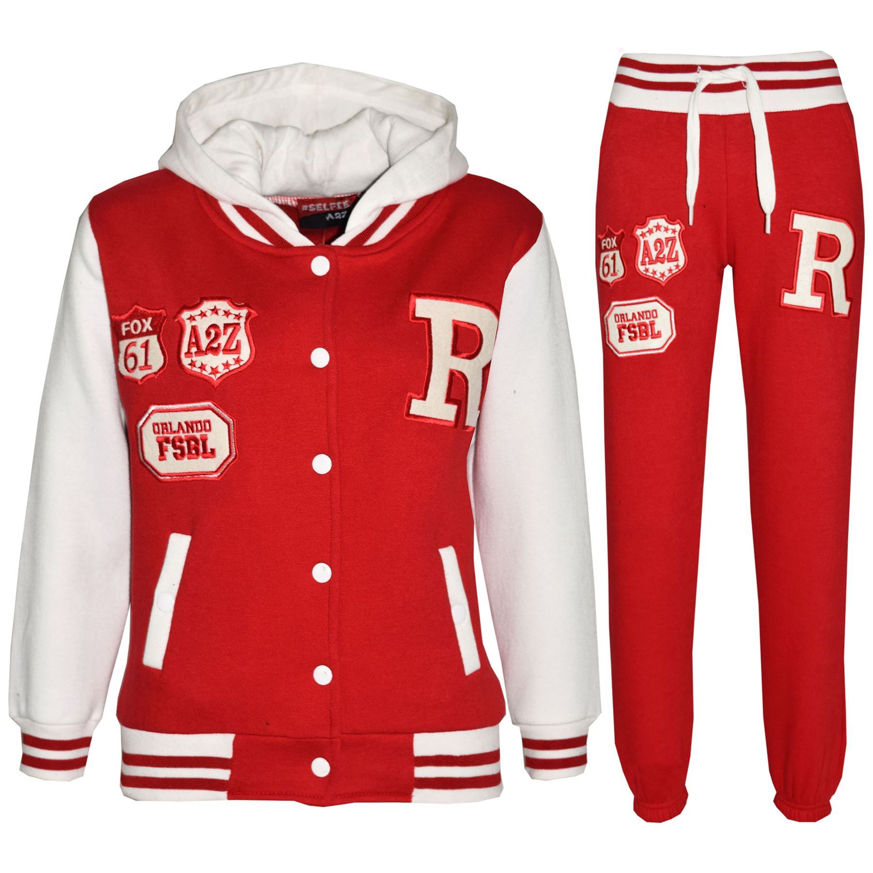 Kids Baseball Tracksuit Hooded Jacket With Joggers R Fashion FOX Varsity Style - Picture 42 of 55