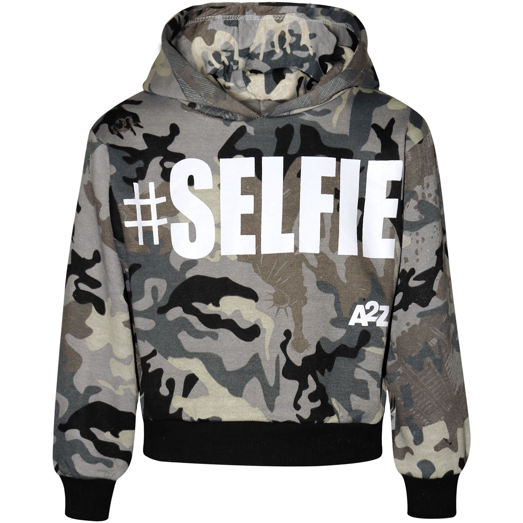 Kids Girls Tracksuit #Selfie Camouflage Charcoal Hooded Crop Top Bottom Jog Suit - Picture 4 of 9