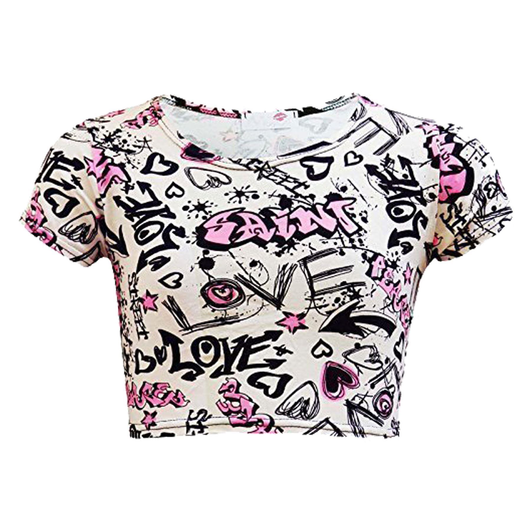 Kids Girls Love Comic Graffiti Print Legging Skater Midi Dress Crop Top Skirt - Picture 4 of 14