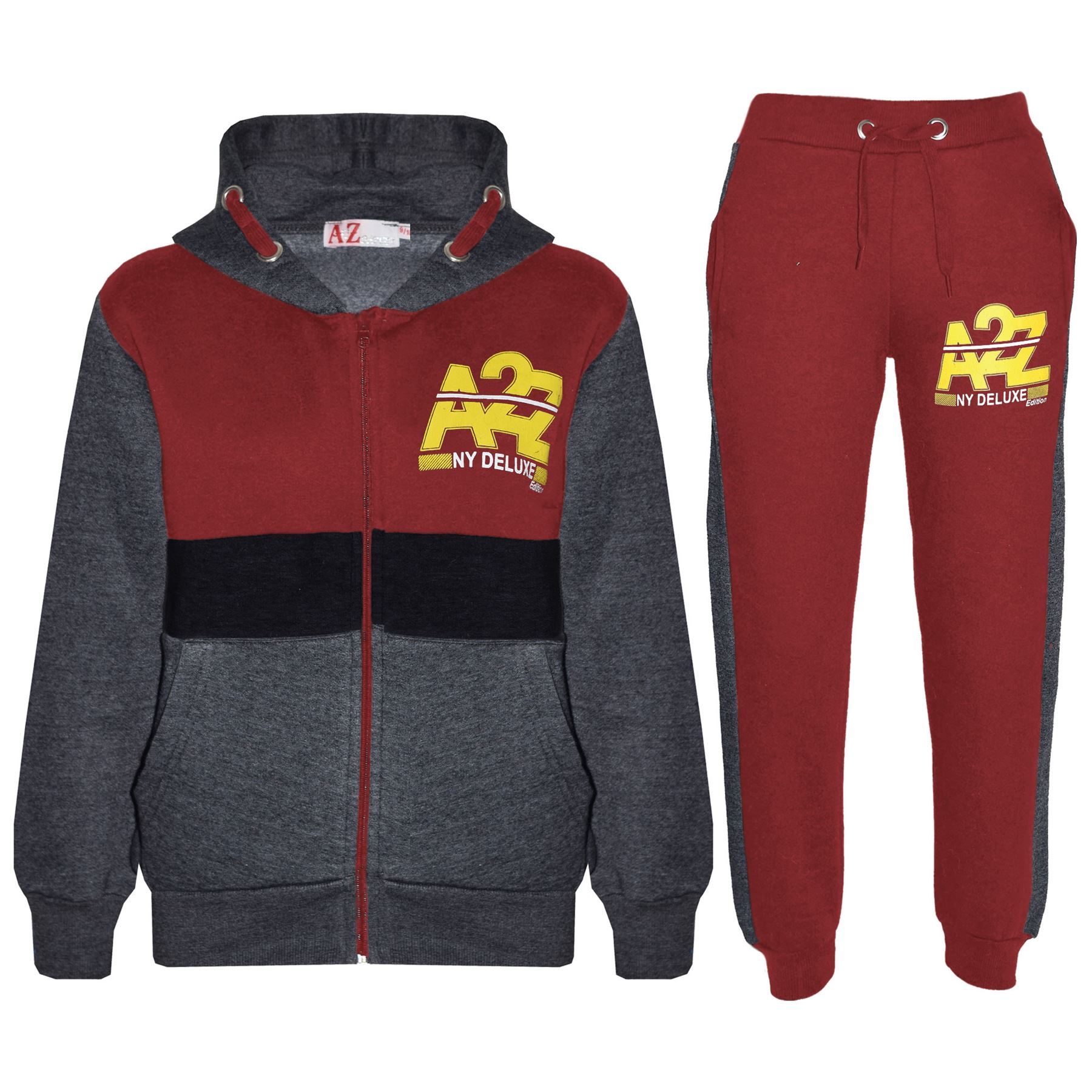 Kids Unisex Contrast Panel Tracksuit Charcoal & Red A2Z NY Deluxe Activewear Set - Picture 4 of 8