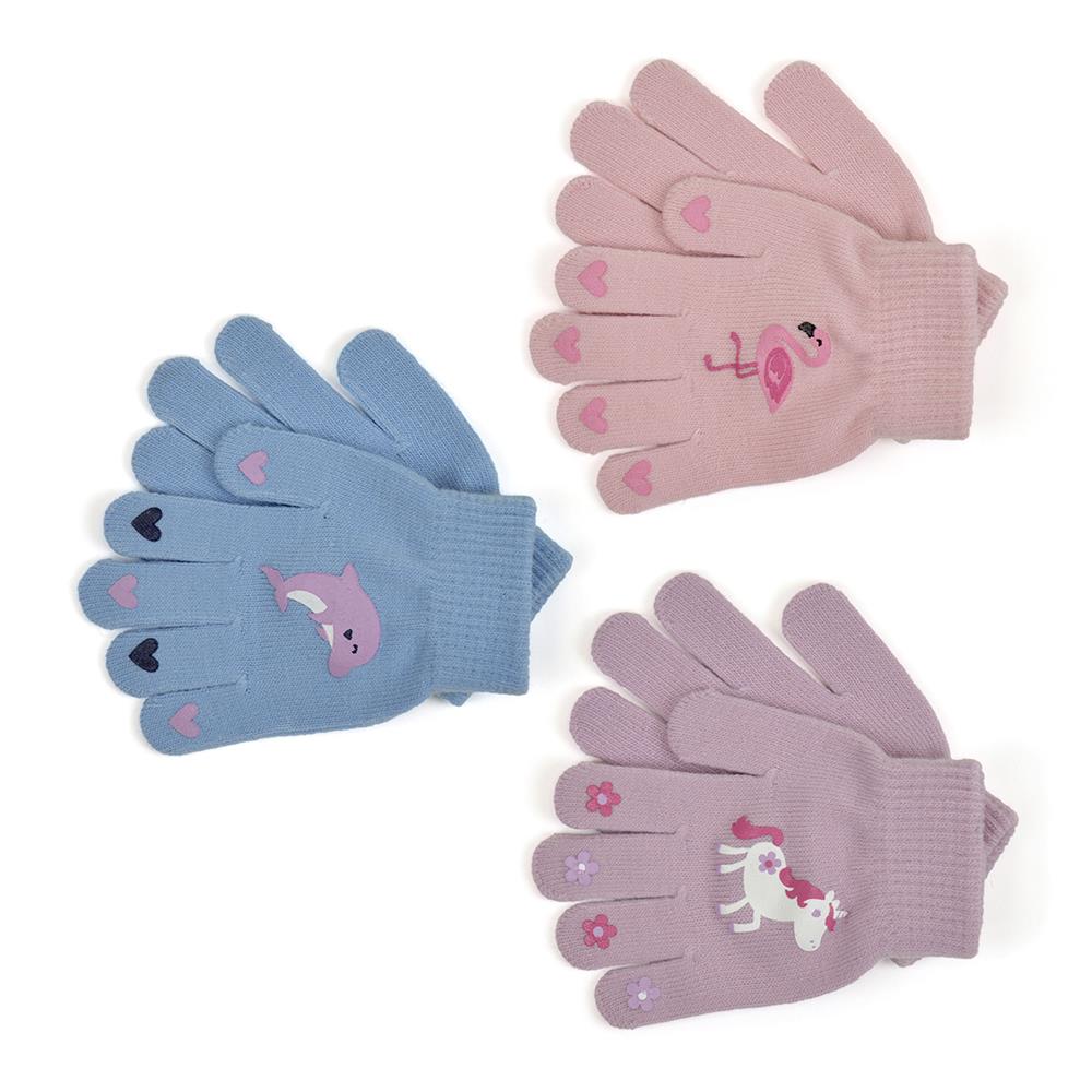 Girls 3 Pack Gloves Thermal Magic Flamingo Dolphin Unicorn Motif Warm Mittens - Picture 2 of 5