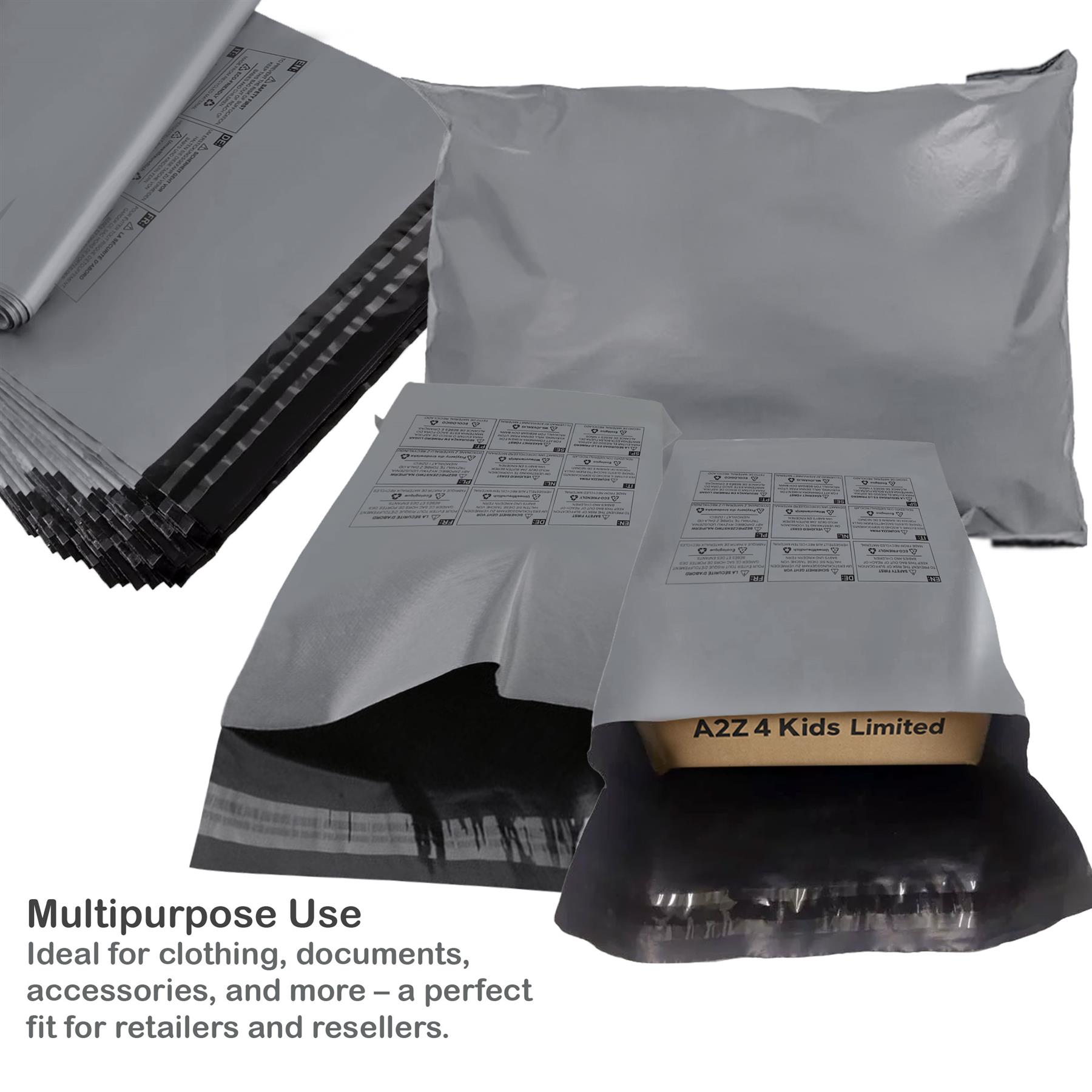A2Z Eco-Friendly Grey Poly Mail Bag Self Seal Postal Packaging EU Safety Warning
