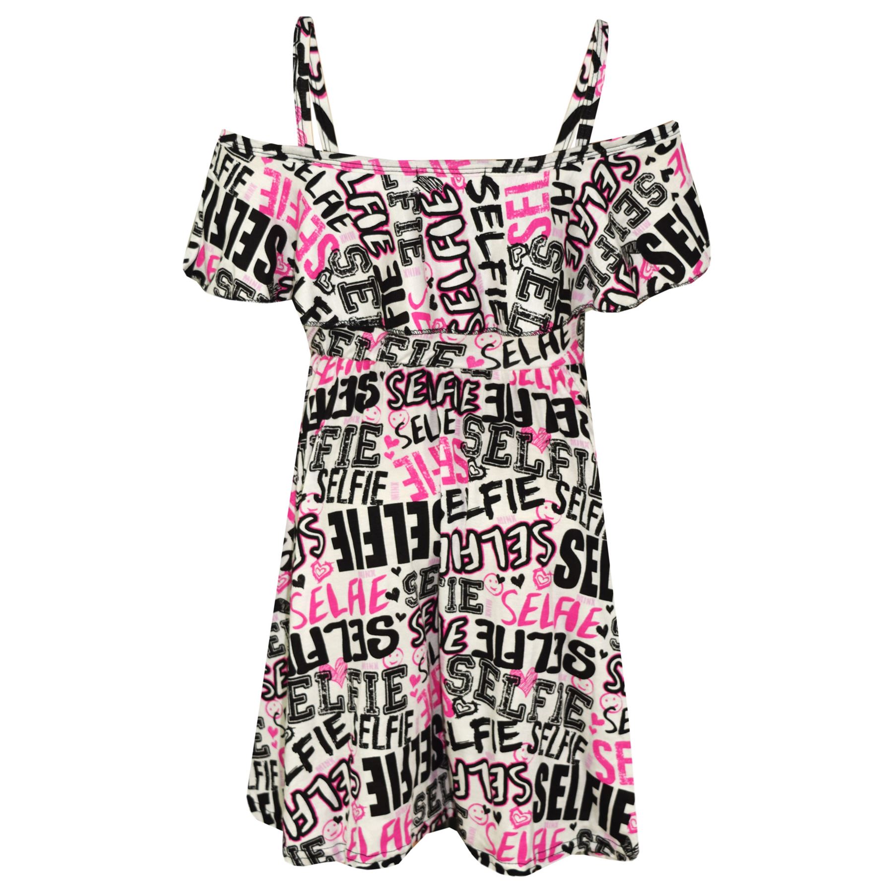 Girls Skater Dress Kids Selfie Graffiti Summer Party Off Shoulder Dresses 7-13Yr - Picture 2 of 4