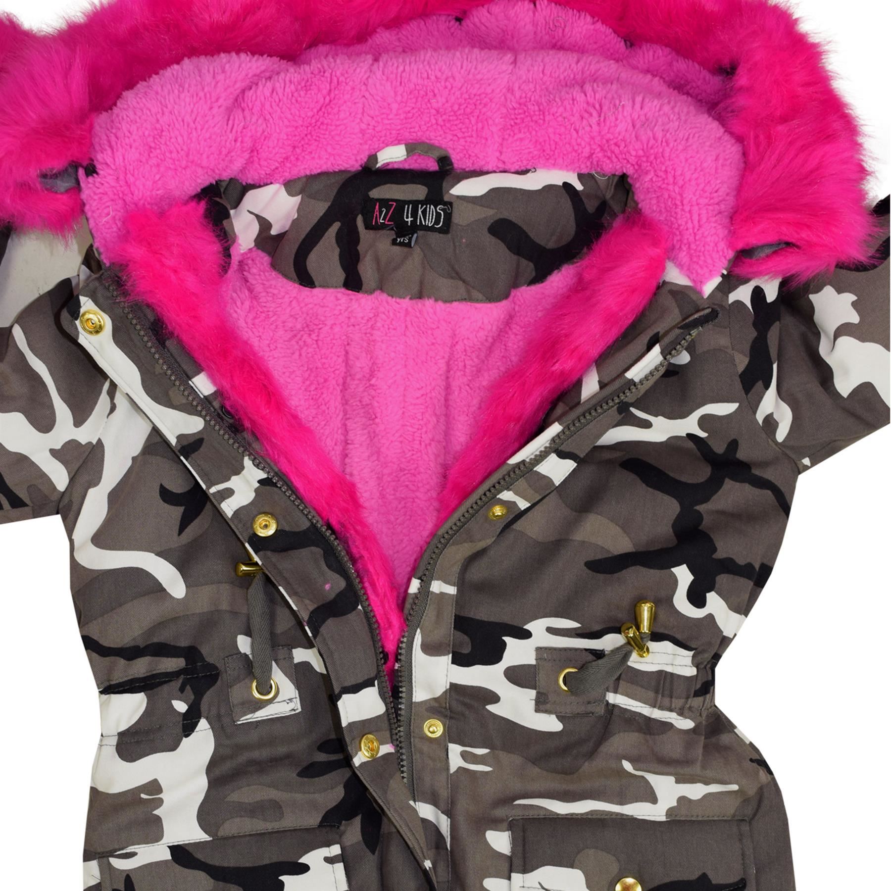 camouflage parka with pink fur hood
