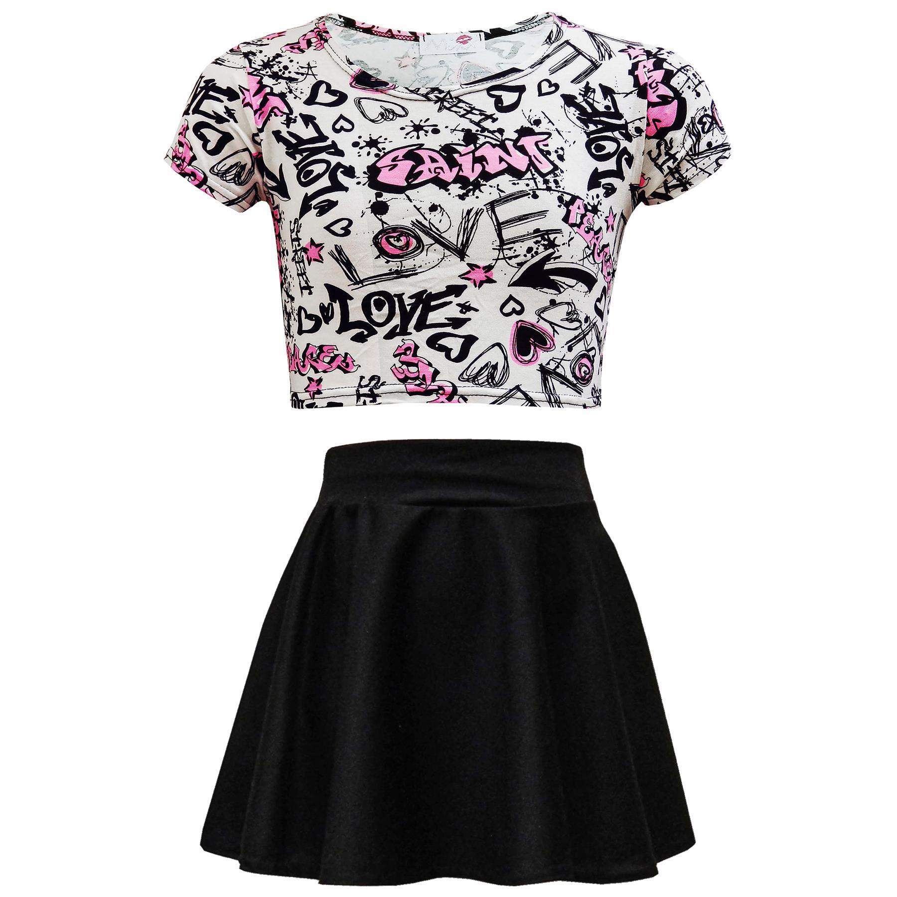 Kids Girls Love Comic Graffiti Print Legging Skater Midi Dress Crop Top Skirt - Picture 2 of 14