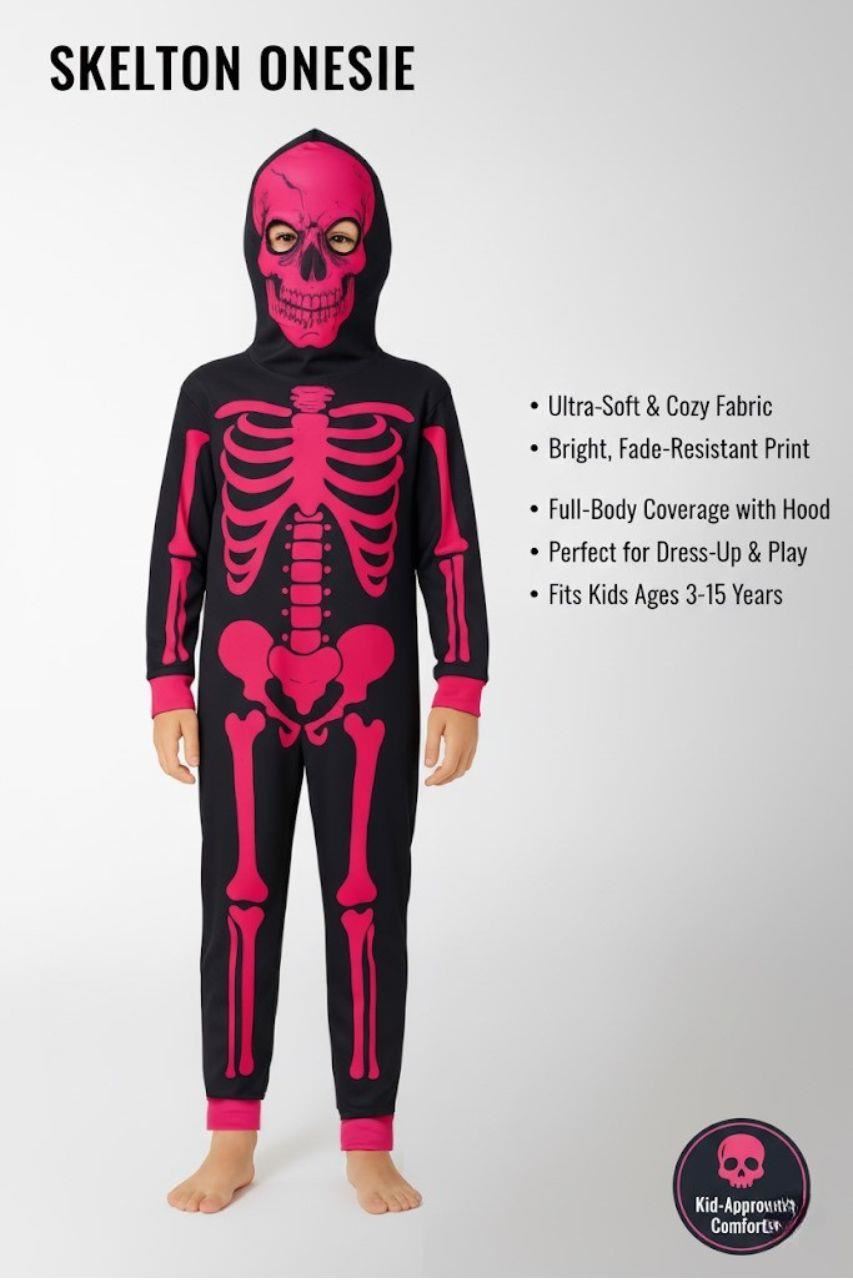 Kids Girls Boys Skeleton Print Neon Pink A2Z Onesie One Piece Halloween Costume - Picture 7 of 8