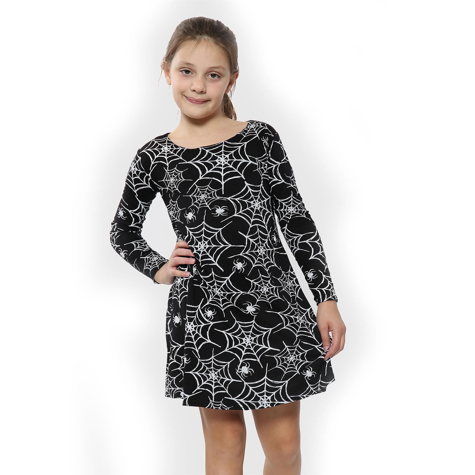 Girls Halloween Dresses Spider Web Skater Swing Dress Fancy Costume Legging - Picture 11 of 15