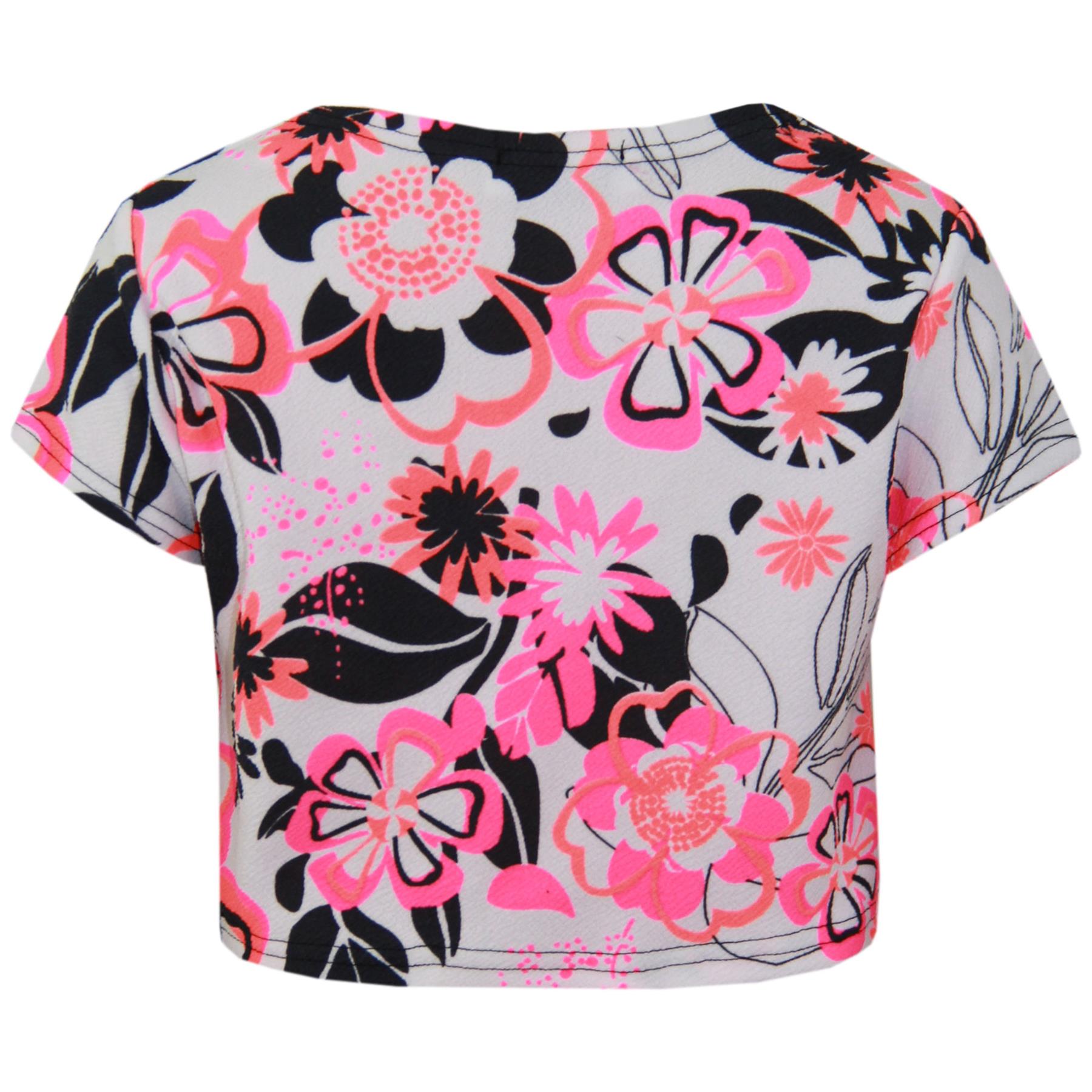 Kids Girls Crop Top & Shorts Neon Pink Floral Fashion Summer Outfit Short Sets - Picture 5 of 7