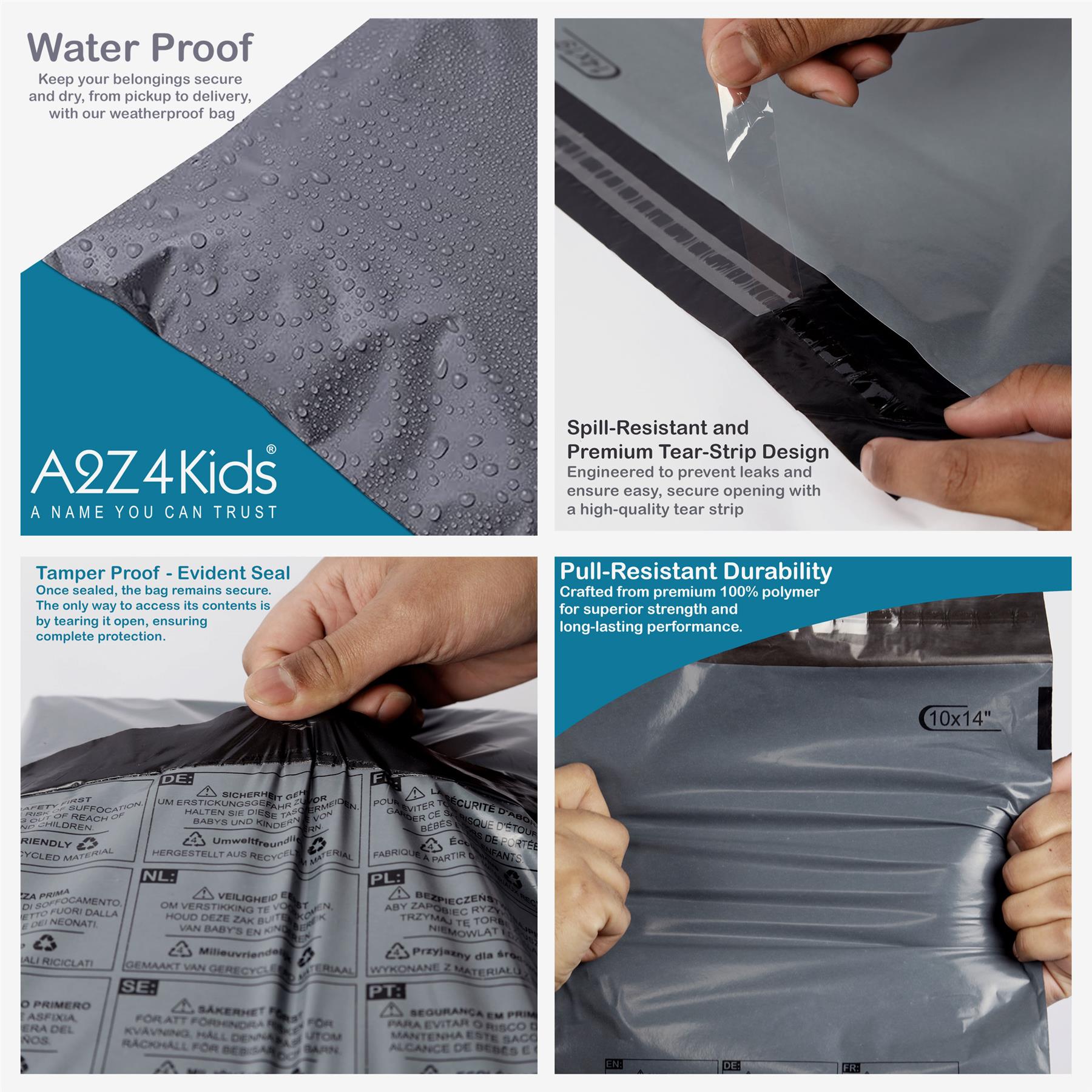 A2Z Eco-Friendly Grey Poly Mail Bag Self Seal Postal Packaging EU Safety Warning