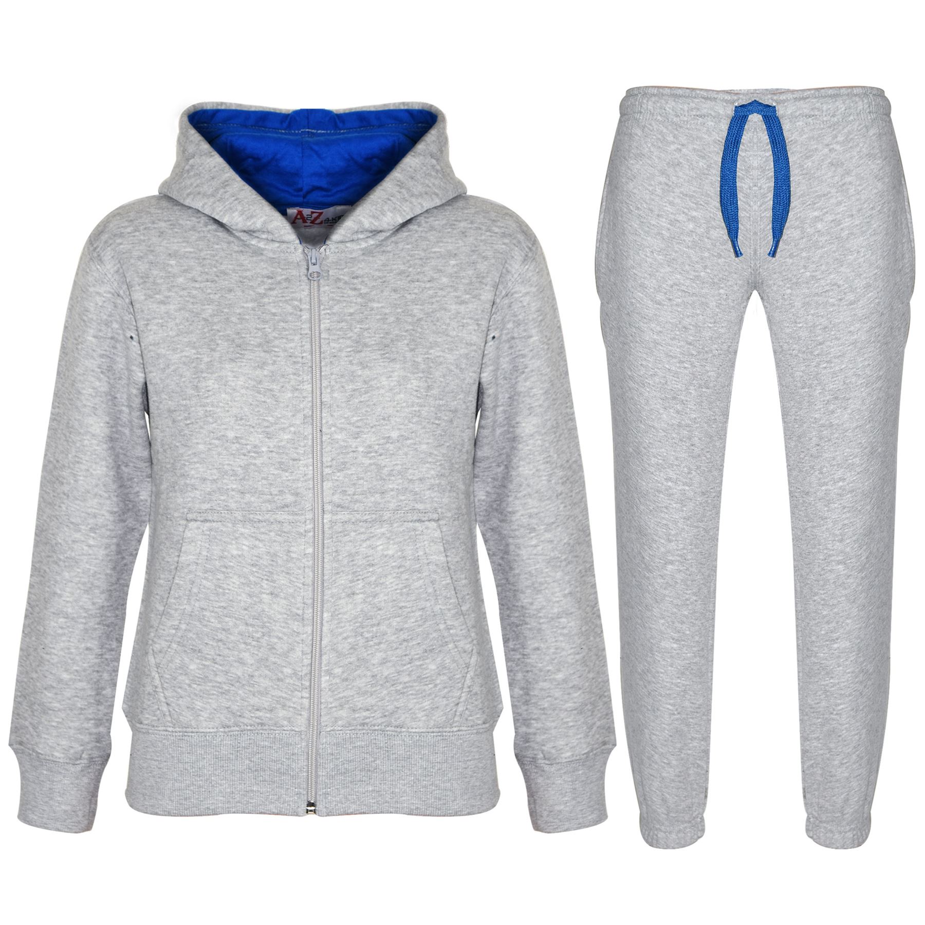 Kids Unisex Plain Tracksuit Contrast Hoodie with Joggers Sports Activewear Set - Picture 51 of 116
