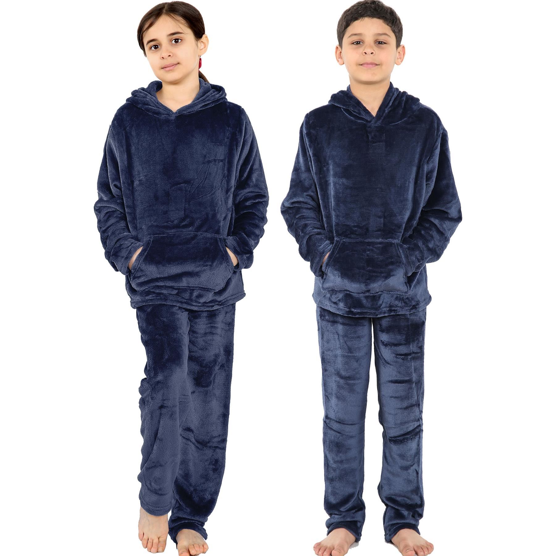 Kids Warm Fleece Hooded Pyjamas For Girls & Boys Sleepover 2 Piece Gift Set - Picture 21 of 31