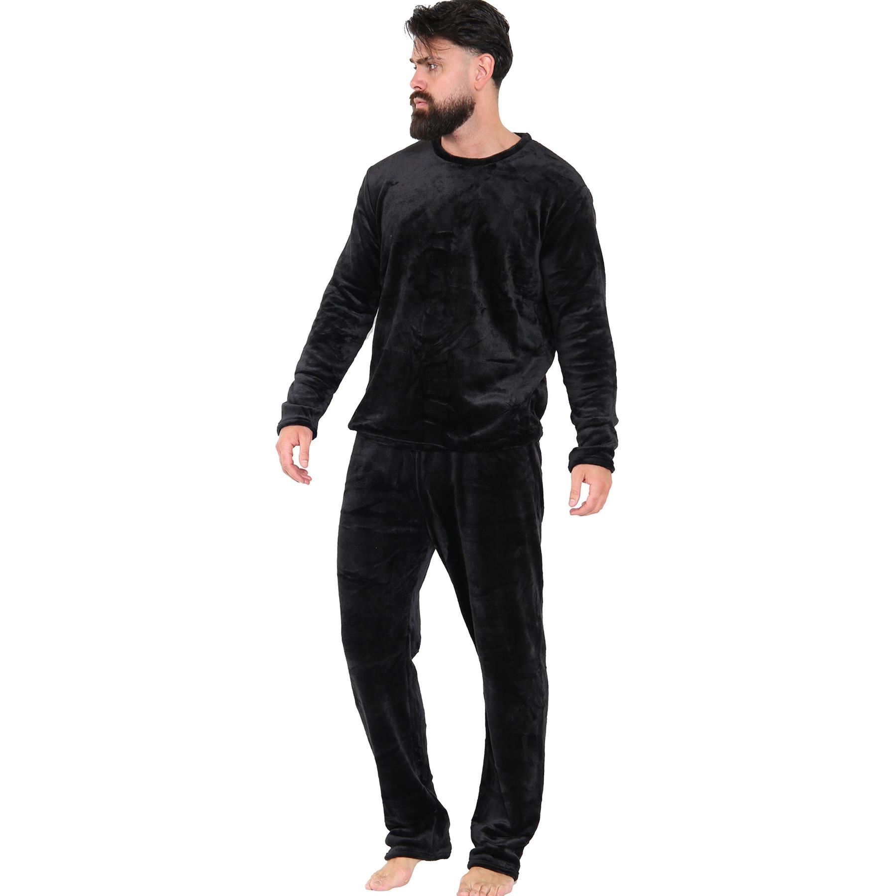 Mens Pyjamas Soft Warm Fleece Adults Crew Neck Pyjamas 2 Piece Gift Set For Mens - Picture 3 of 25