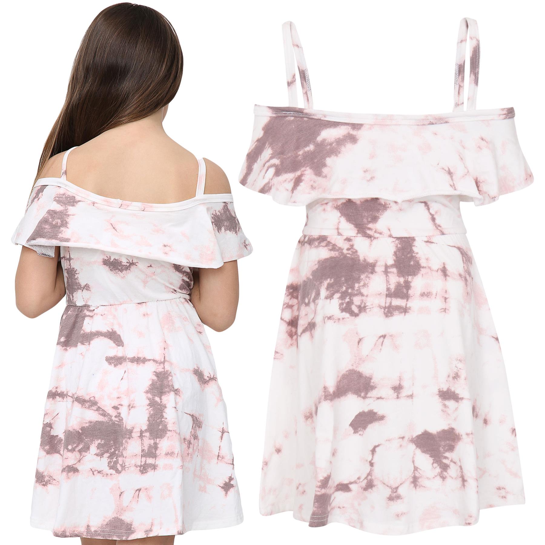 Girls Skater Dress Kids Plain Color Summer Party Off Shoulder Dresses 7-13 Yr - Picture 106 of 111