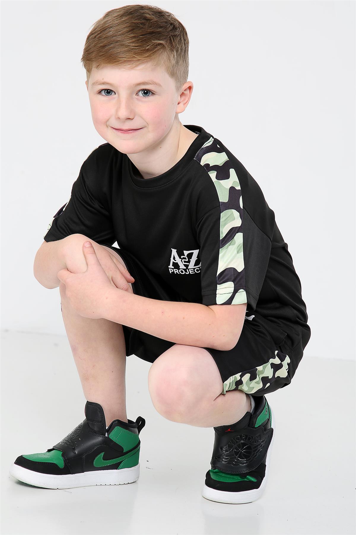 Kids A2Z Project Camo Print Panel Black & Green Top & Shorts Set Girls