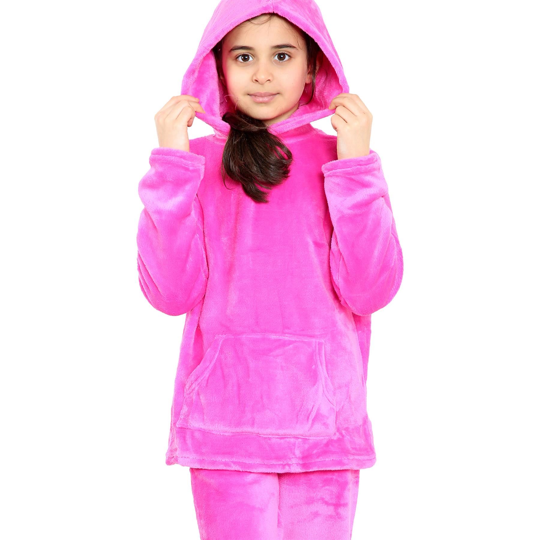 Kids Warm Fleece Hooded Pyjamas For Girls & Boys Sleepover 2 Piece Gift Set - Picture 27 of 31
