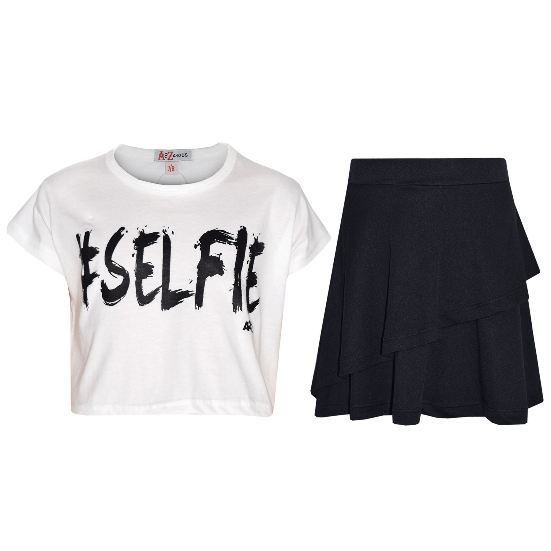 Kids Girls Crop Top And Fril Skirt Trendy Stylish Crew Neck Skater Skirt Set - Picture 40 of 41