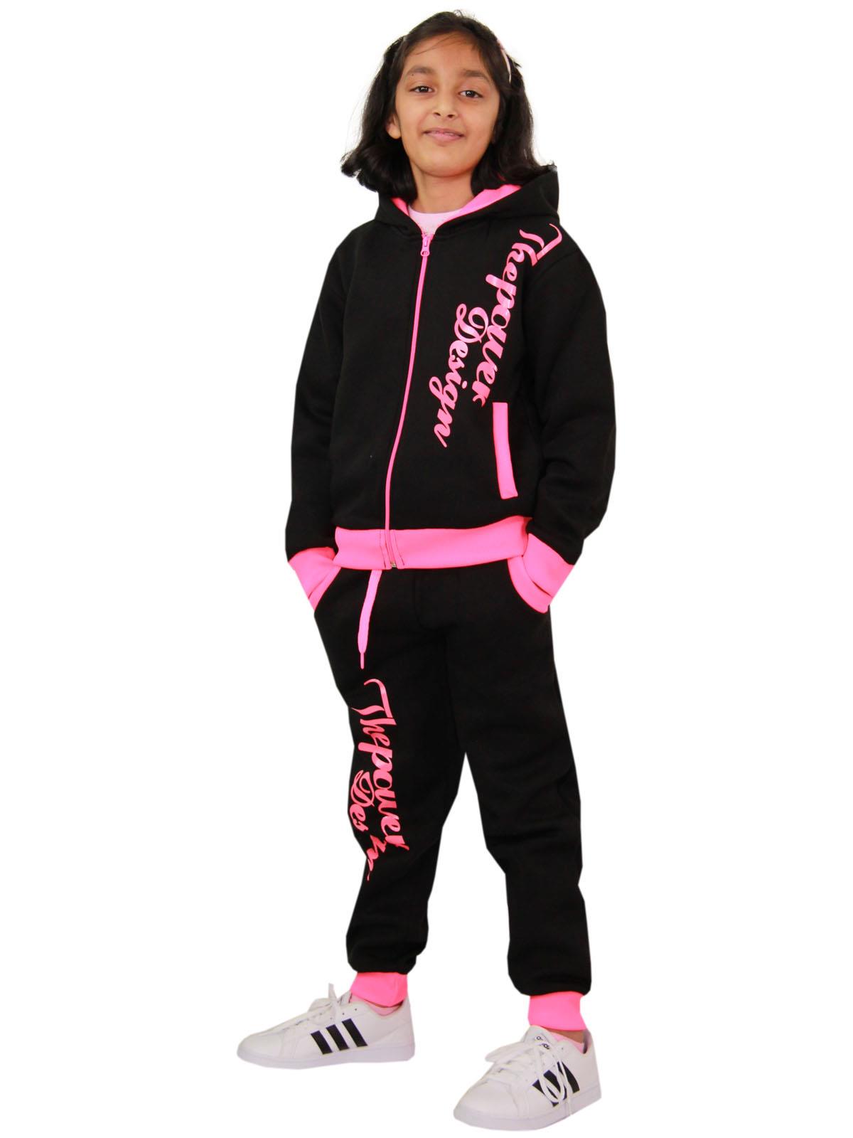Kids Tracksuit Boys Girls The Power Design Neon Pink Top Jogger Bottom Suit Set - Picture 8 of 9