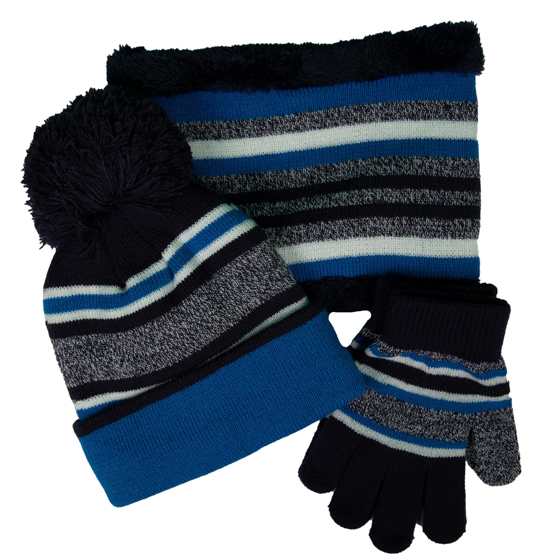 Kids Boys Hat Scarf Gloves Set Winter Warm Knitted Scarf Beanie Pom Pom Cap Set - Picture 2 of 5