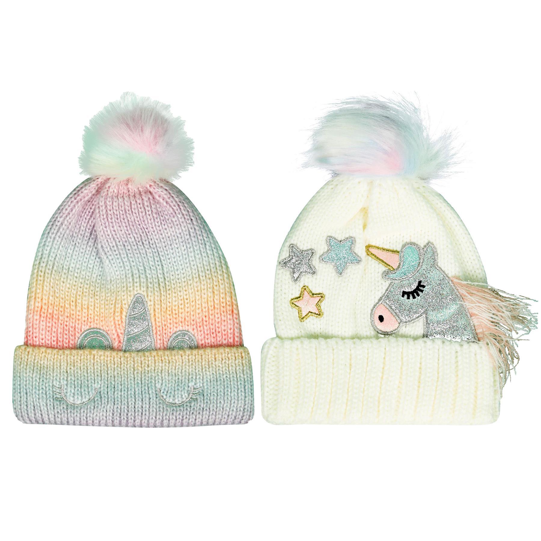 Kinder Mädchen 2er Pack Zopfmuster Mütze Einhorn Bommelmütze Bommel warm Wintermütze - Bild 2 von 4