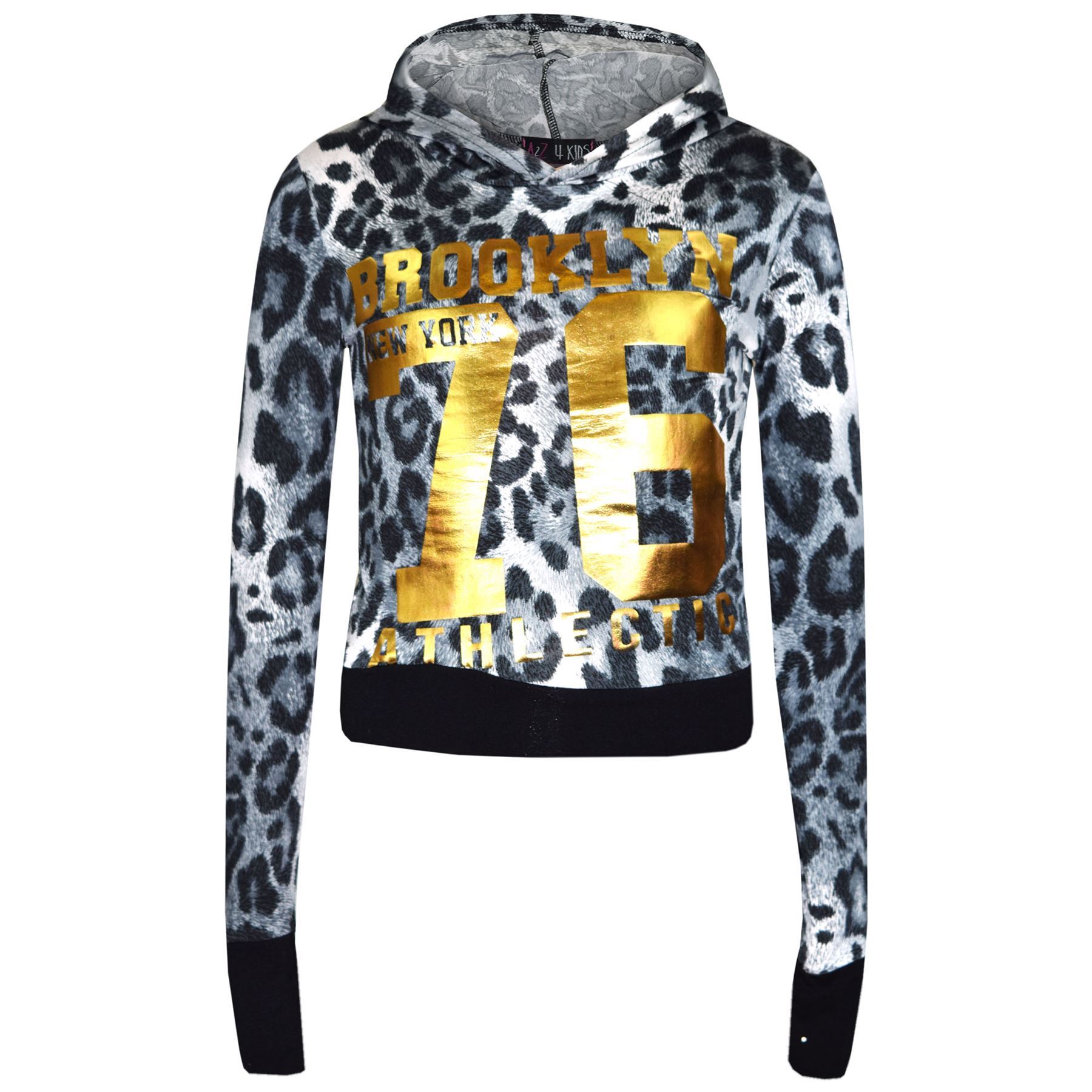 Girls Tops Kids Brooklyn 76 Leopard Print Hooded Crop Top Legging Loungewear Set - Picture 11 of 16