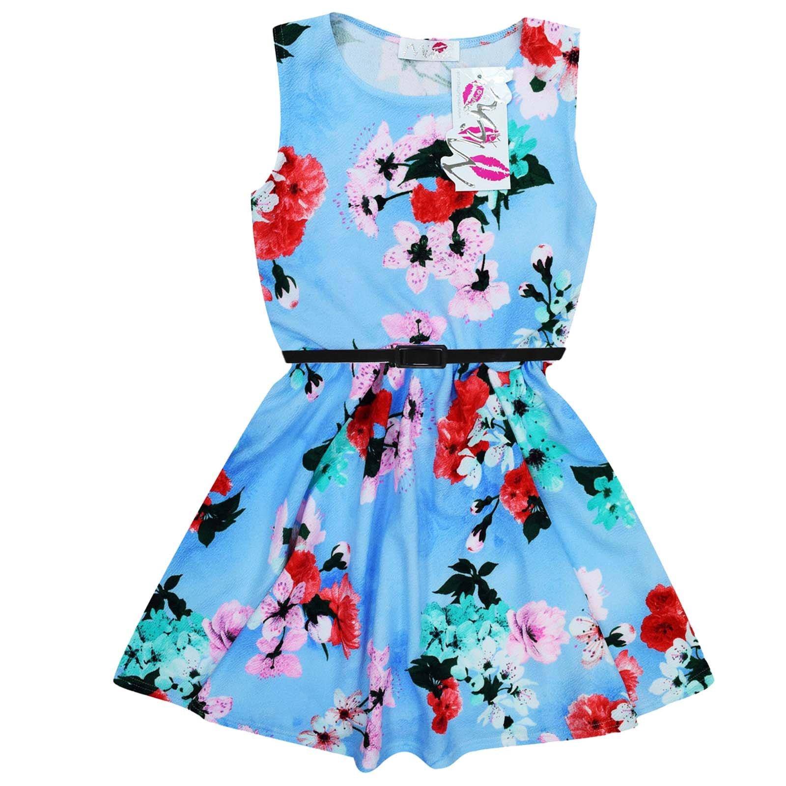 Girls Skater Dress Kids Sky Blue Floral Print Summer Party Dance Dresses 7-13 Yr - Picture 2 of 8