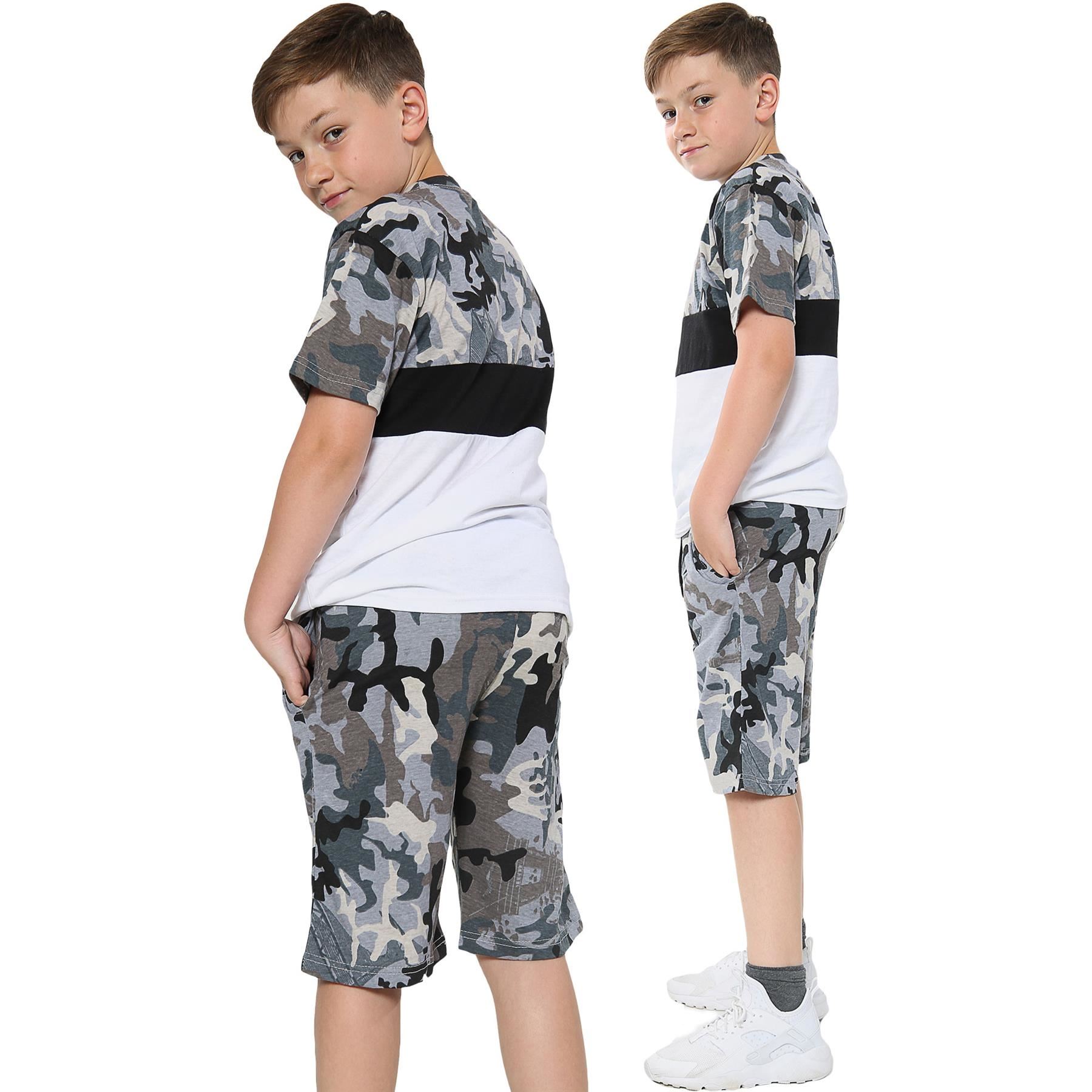 Kids Colour Contrast Panel Top & Shorts Set Camo Charcoal Girls Boys ...