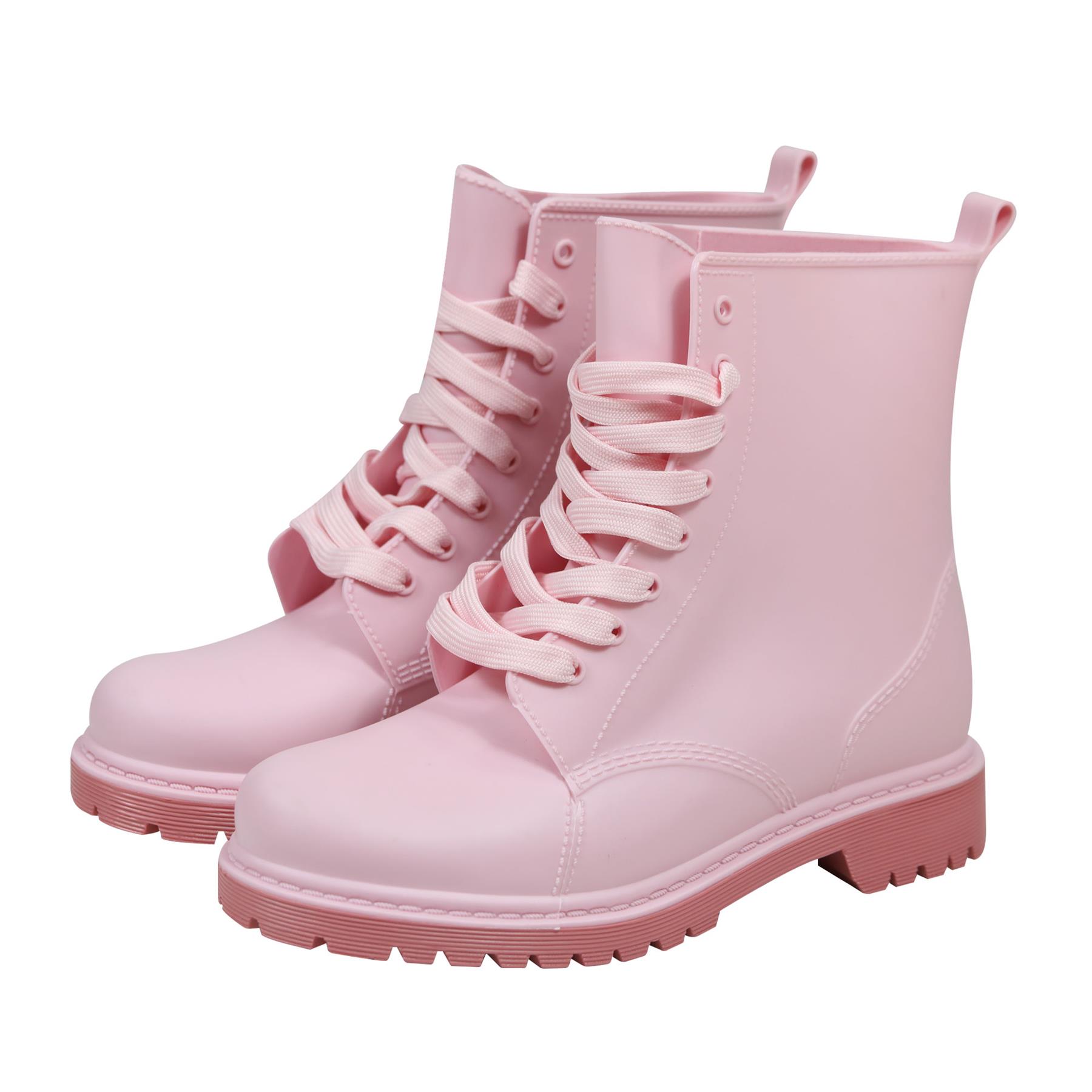 A2Z Womens Wellington Boots Lace Up Pink Waterproof PVC Rain Shoes Ankle Wellies - Picture 2 of 8