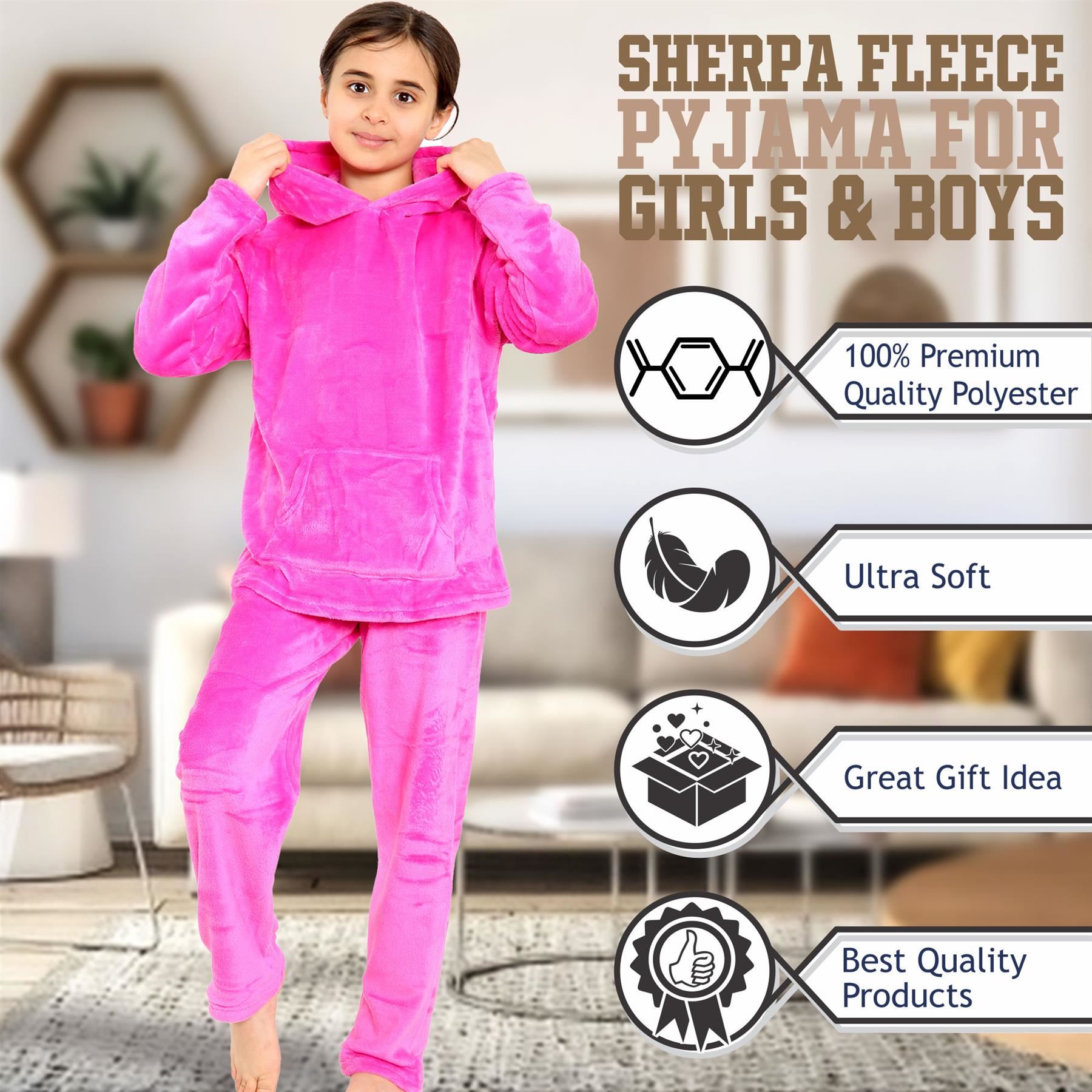 Kids Warm Fleece Hooded Pyjamas For Girls & Boys Sleepover 2 Piece Gift Set - Picture 30 of 31