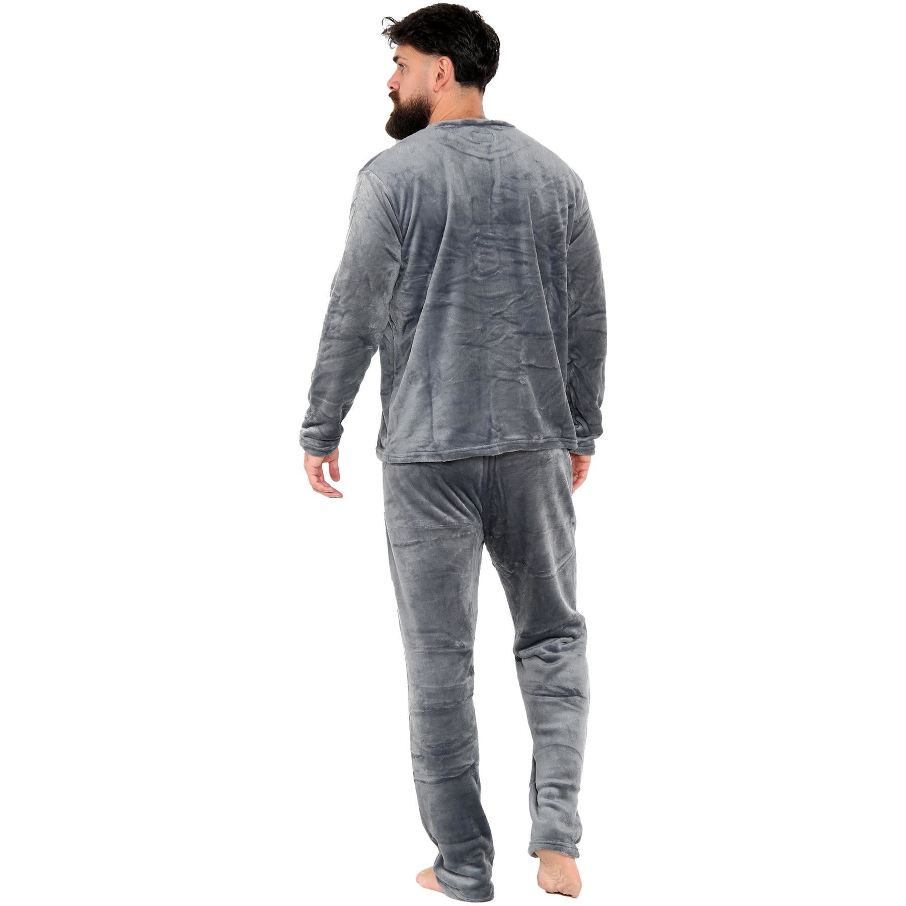 Mens Pyjamas Soft Warm Fleece Adults Crew Neck Pyjamas 2 Piece Gift Set For Mens - Picture 11 of 25