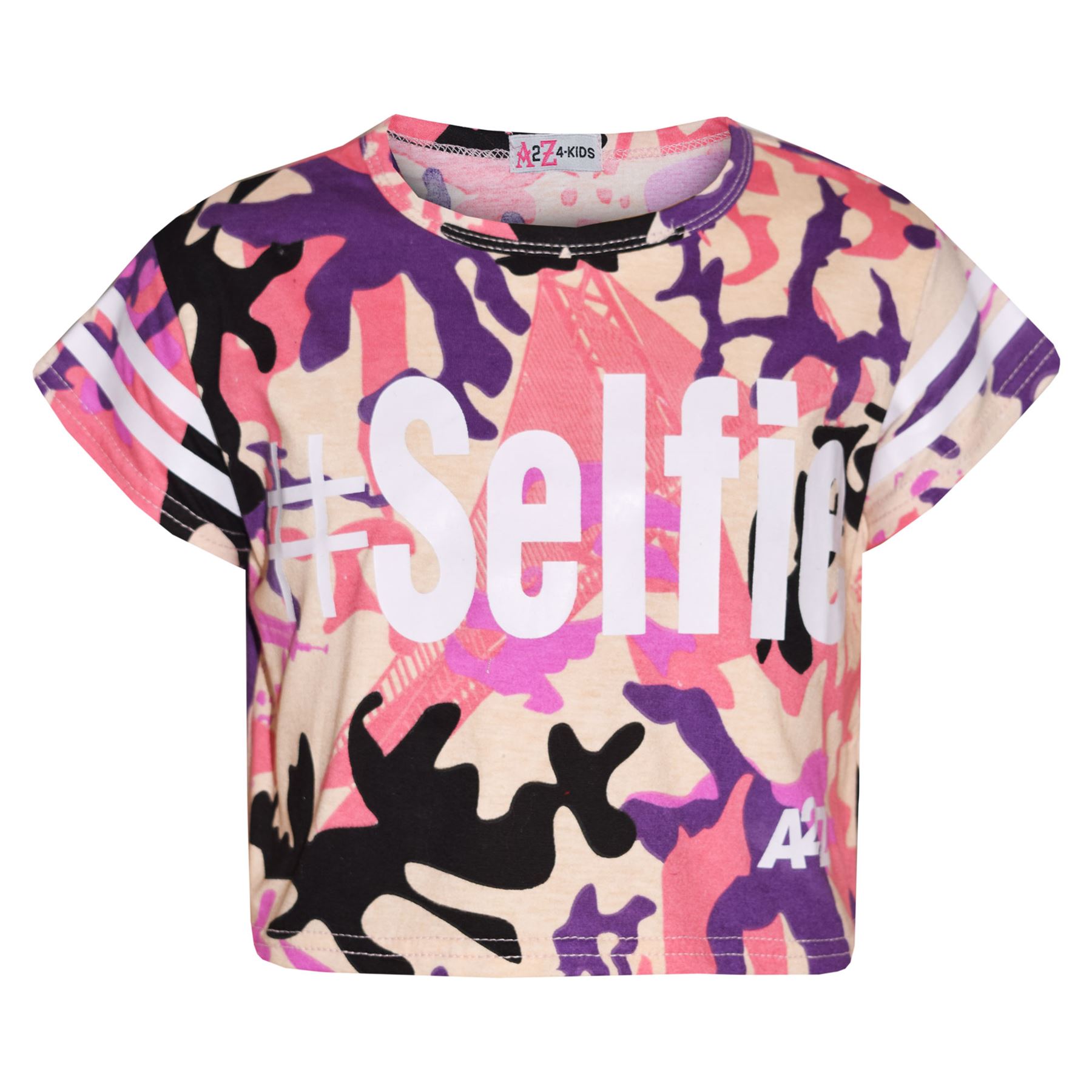 Girls Tops Kids Designer's #Selfie Camouflage Crop Top & Skater Skirt Set 5-13Yr - Picture 7 of 34