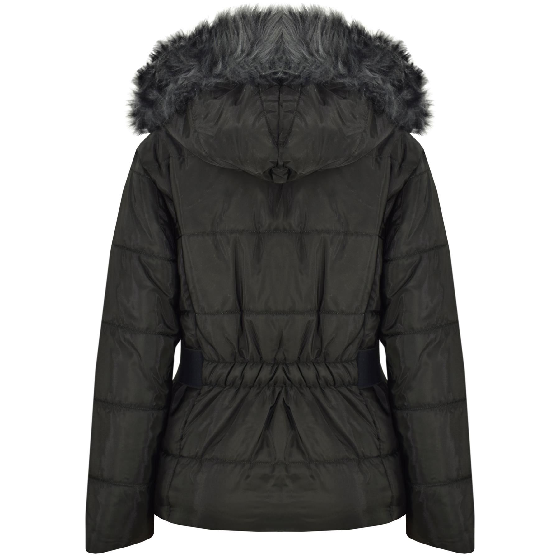 Kids Girls Puffer Jacket Faux Fur Hooded Padded Zipped Belted Top Warm