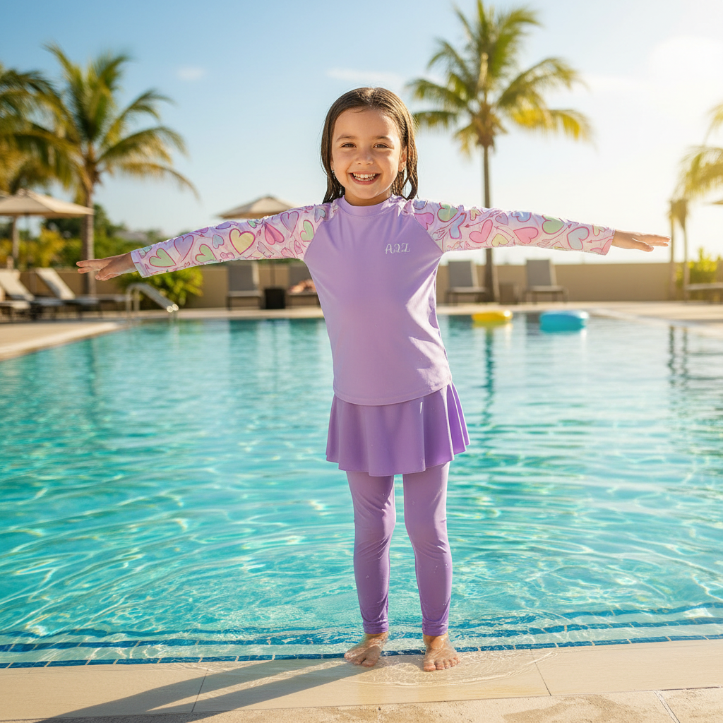 Kids Girls Long Sleeve Swimsuit Skirt &amp; Leggings UV Protective Swimming Costume