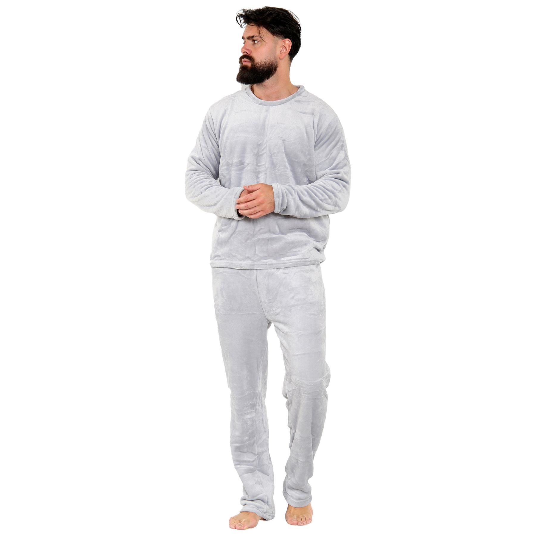 Mens Pyjamas Soft Warm Fleece Adults Crew Neck Pyjamas 2 Piece Gift Set For Mens - Picture 16 of 25