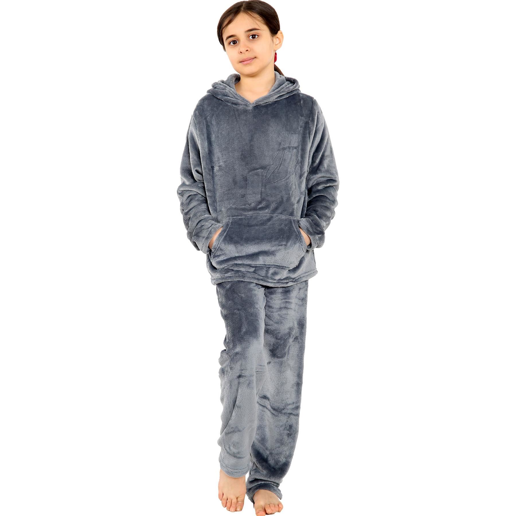 Kids Warm Fleece Hooded Pyjamas For Girls & Boys Sleepover 2 Piece Gift Set - Picture 10 of 31