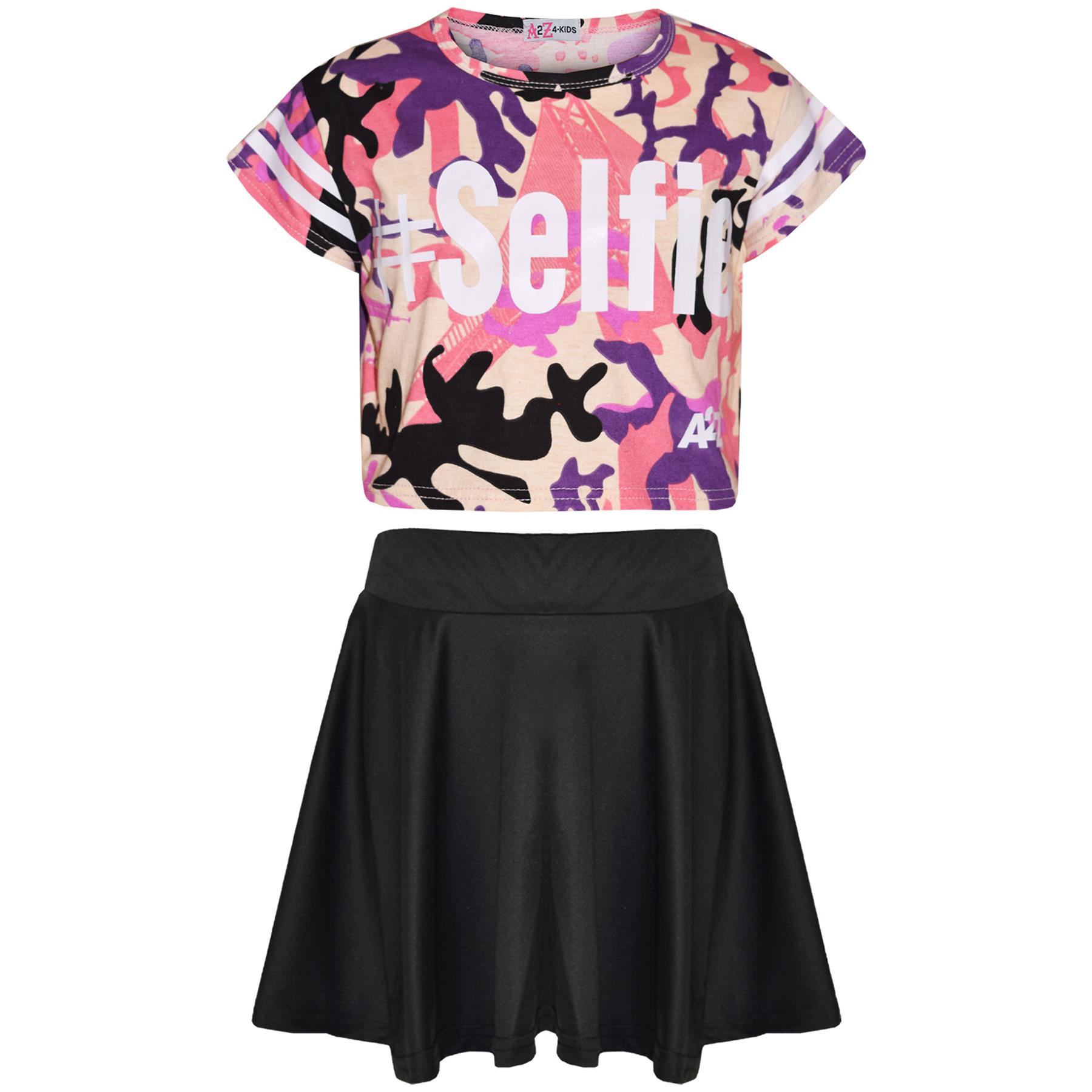 Girls Tops Kids Designer's #Selfie Camouflage Crop Top & Skater Skirt Set 5-13Yr - Picture 5 of 34