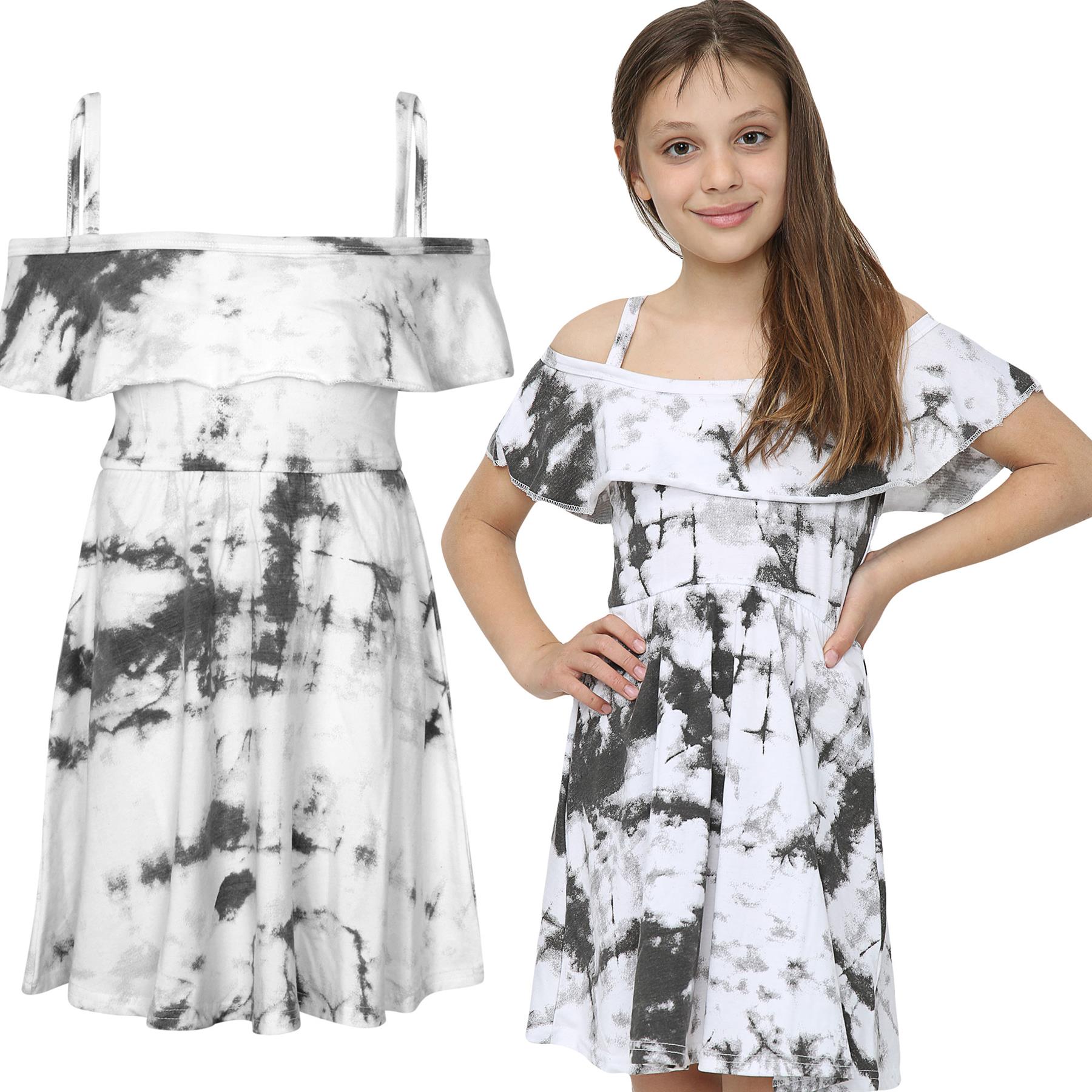 Girls Skater Dress Kids Plain Color Summer Party Off Shoulder Dresses 7-13 Yr - Picture 67 of 111