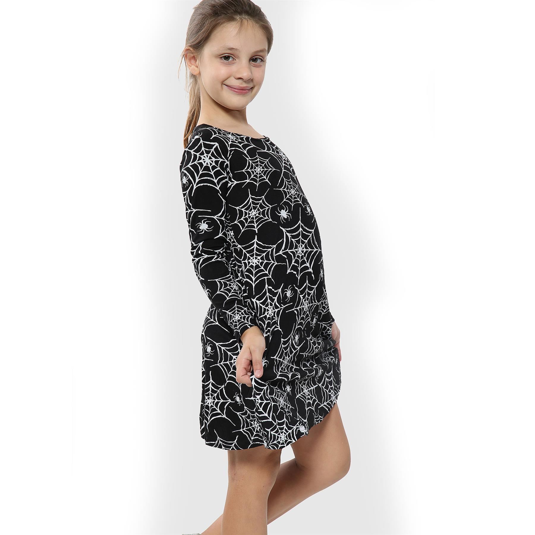 Girls Halloween Dresses Spider Web Skater Swing Dress Fancy Costume Legging - Picture 14 of 15