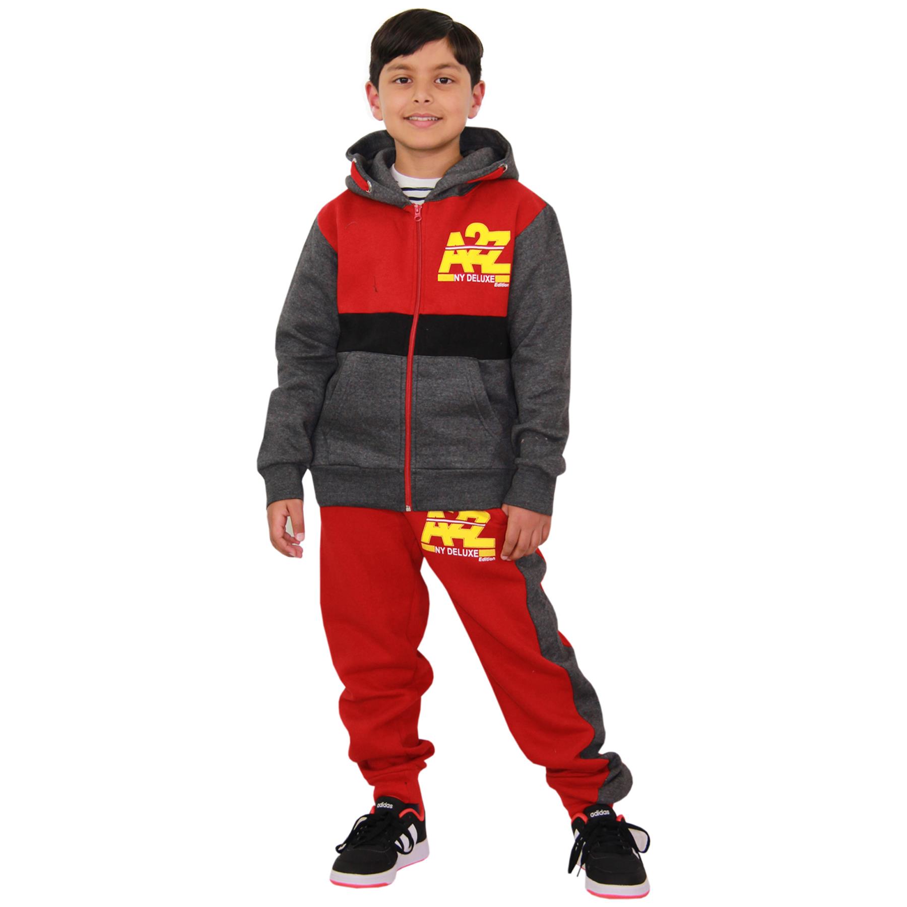 Kids Unisex Contrast Panel Tracksuit Charcoal & Red A2Z NY Deluxe Activewear Set - Picture 3 of 8