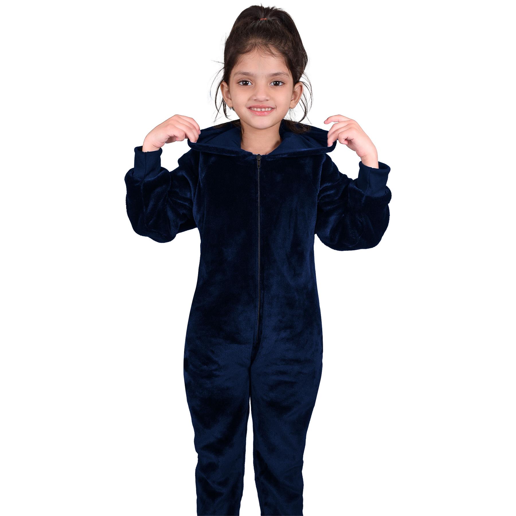 Kids Girls Boys Plain Fleece A2Z Onesie One Piece Hooded All In One Jumpsuit - Picture 17 of 27