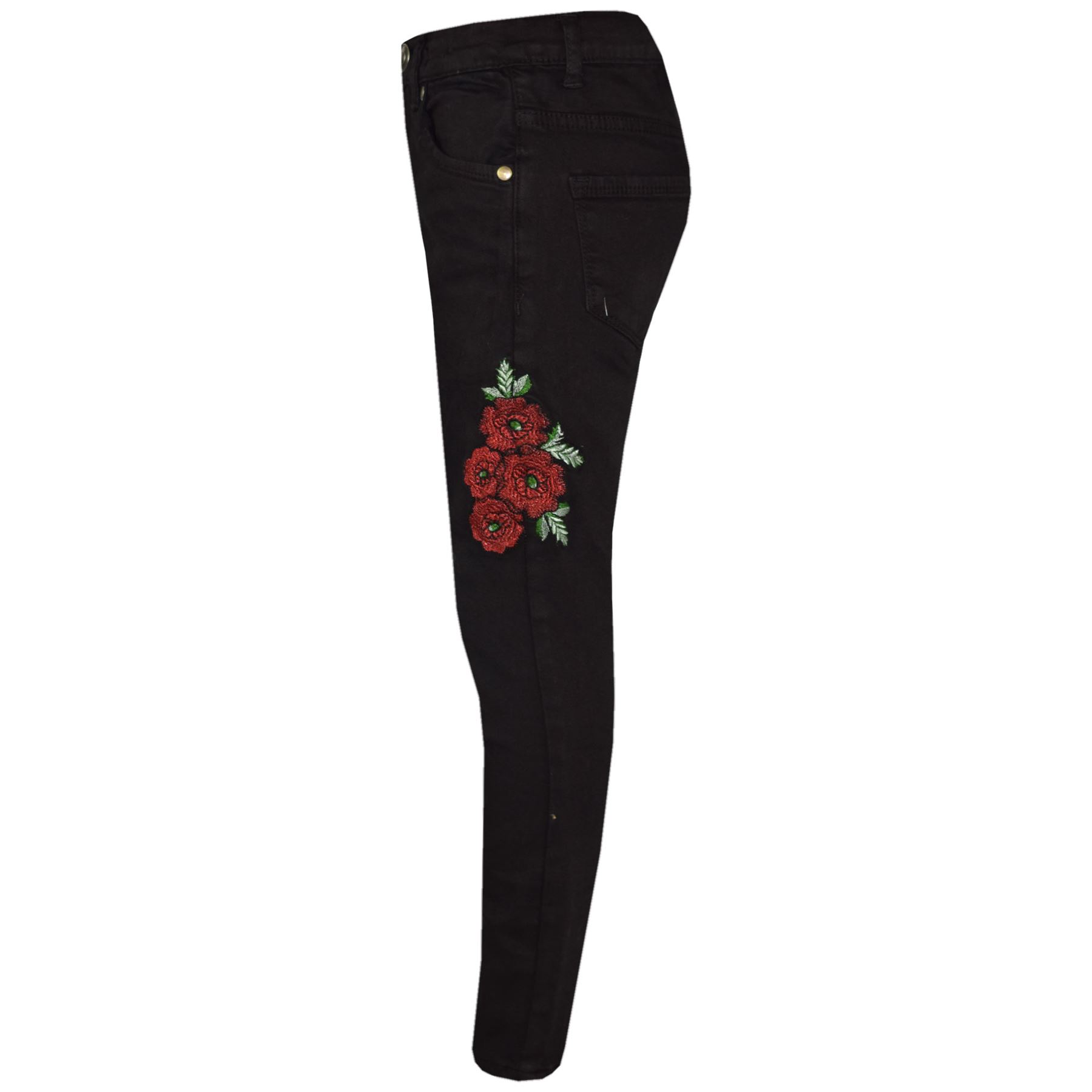 Girls Stretchy Jeans Kids Jet Black Denim Ripped Pants Frayed Trousers 5-13 Year