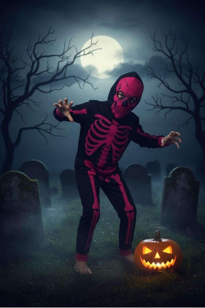 Kids Girls Boys Skeleton Print Neon Pink A2Z Onesie One Piece Halloween Costume - Picture 4 of 8