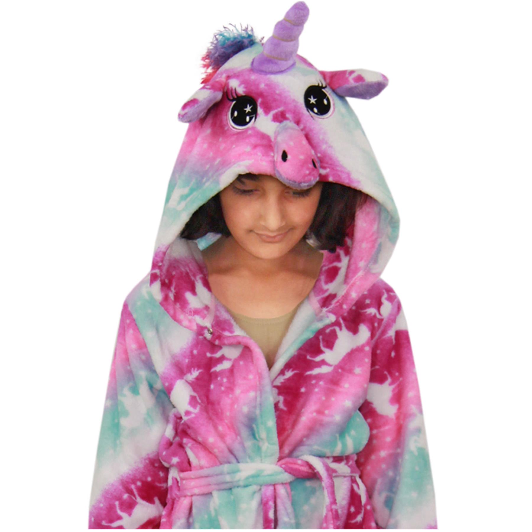 Kids Girls Unicorn Hooded Bathrobe Relax Gown 3D Xmas Cosplay Costume
