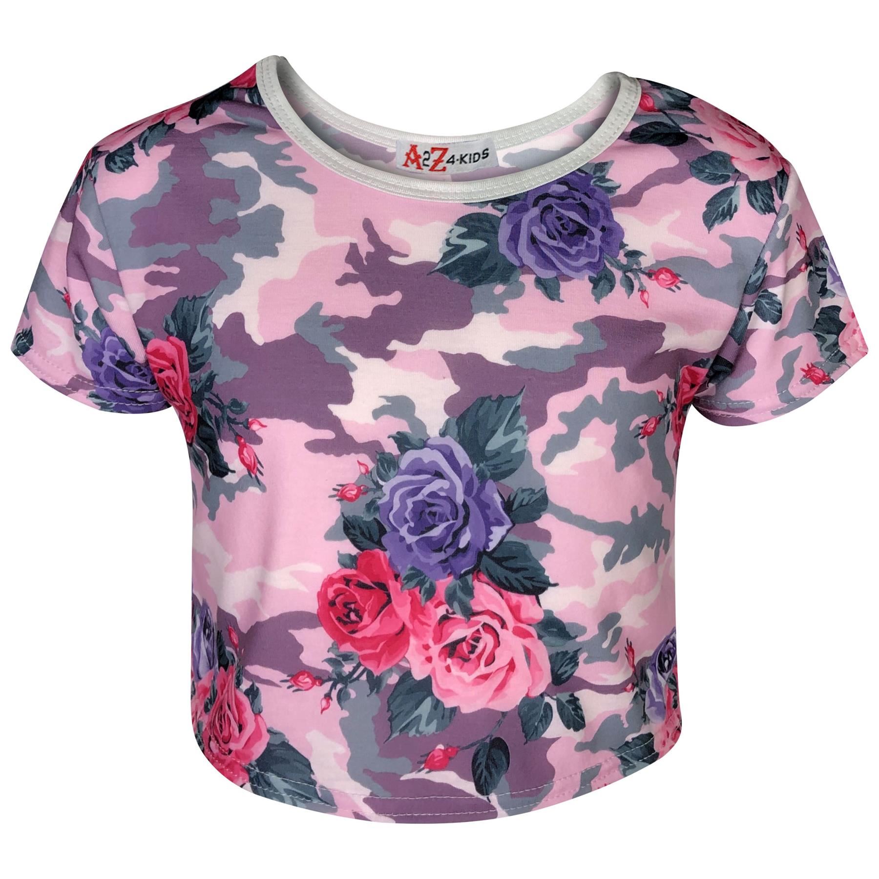 Kids Girls Crop /& Short Camouflage Baby Pink Floral Print Summer Outfit Set 7-13